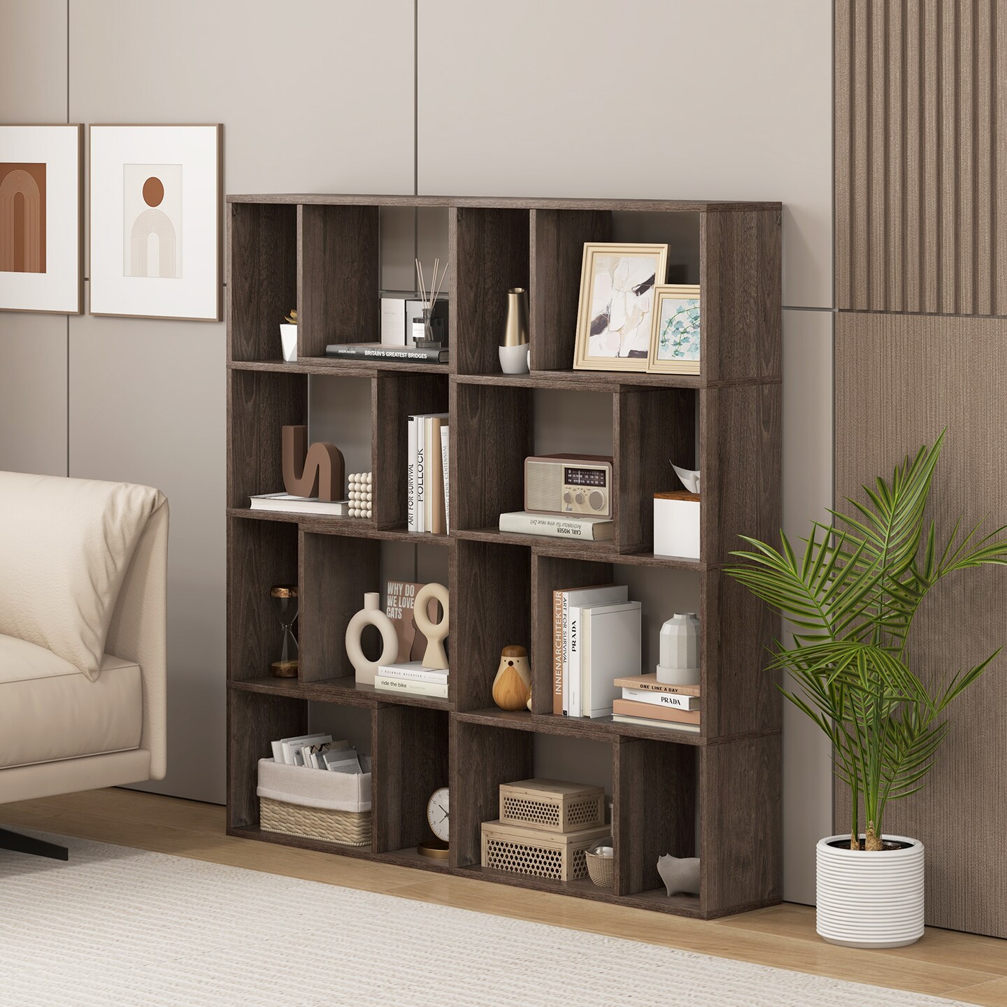 48 Inch 4-Tier Geometric Bookshelf with 8 Cubes for Living Room Bedroom