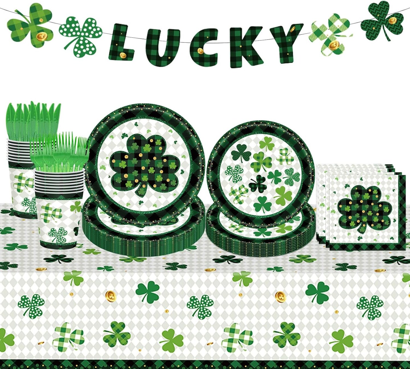 98PCS St Patrick&#x27;s Day Party Supplies Green Irish Shamrock Tableware Set Lucky Shamrock Birthday Party Supplies St Patrick&#x27;s Day Party Decorations Irish Shamrock Paper Plates and Napkins for 16 Guests