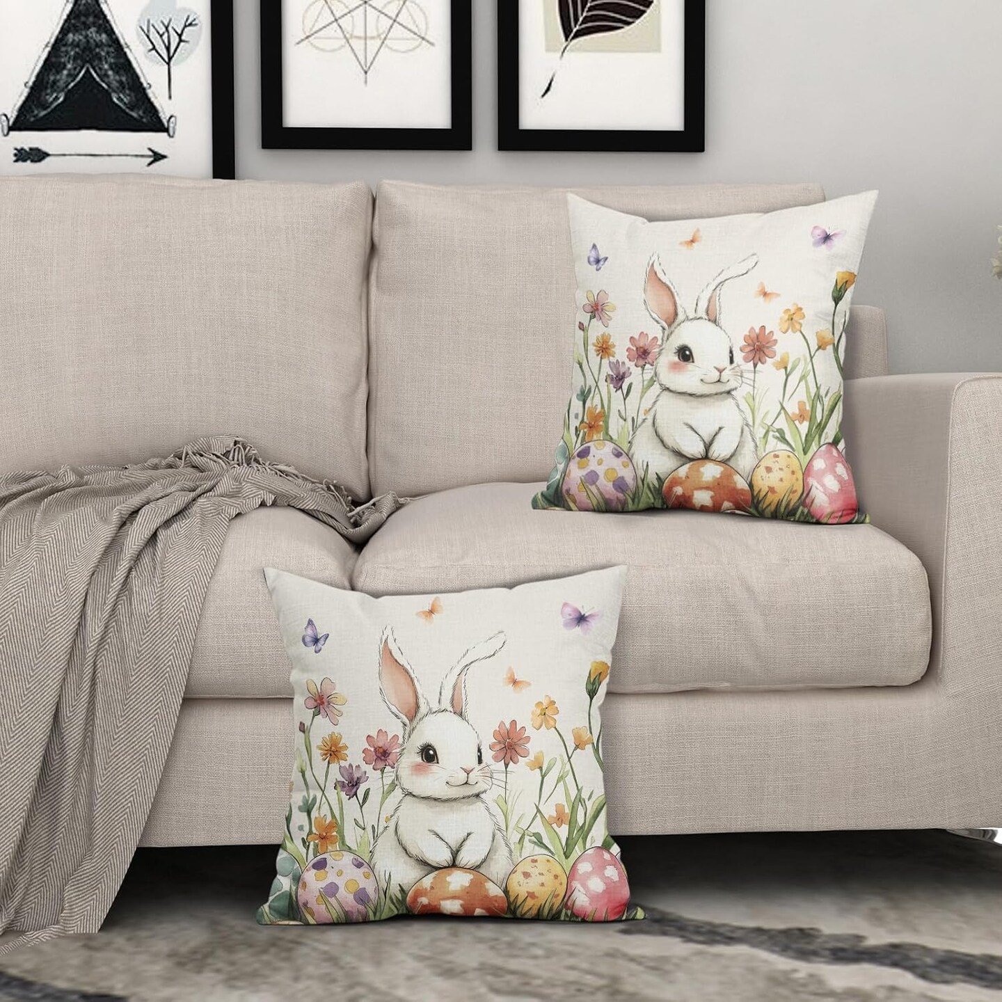 Happy Easter Pillow Covers 18x18 Inch Cute Bunny Easter Egg and Floral Outdoor Throw Pillows Set of 2 Spring Flowers Pillowcases