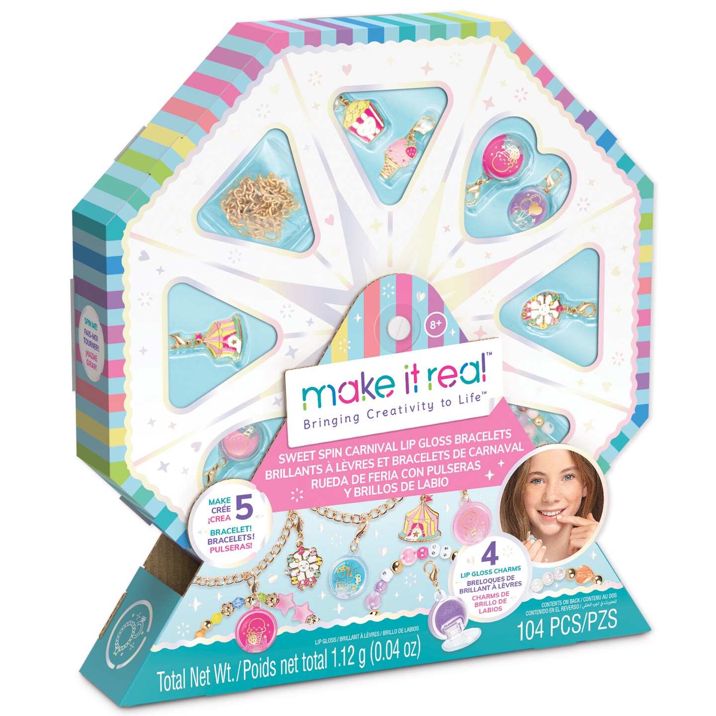 Make It Real: Sweet Spin Carnival Lip Gloss Bracelets - 104pc, DIY Jewelry Craft Kit, Design 5 Charm Chain Bracelets, Strawberry-Scented Gloss, Kid 8+
