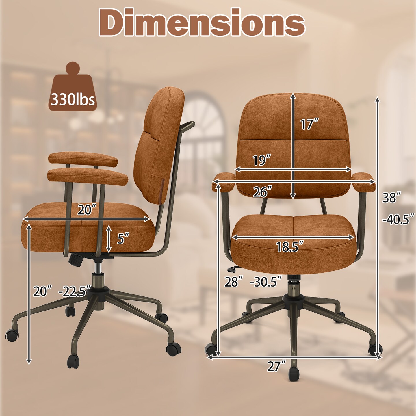 Height Adjustable Upholstered Office Chair with Cushioned Back and 5-Rolling Casters
