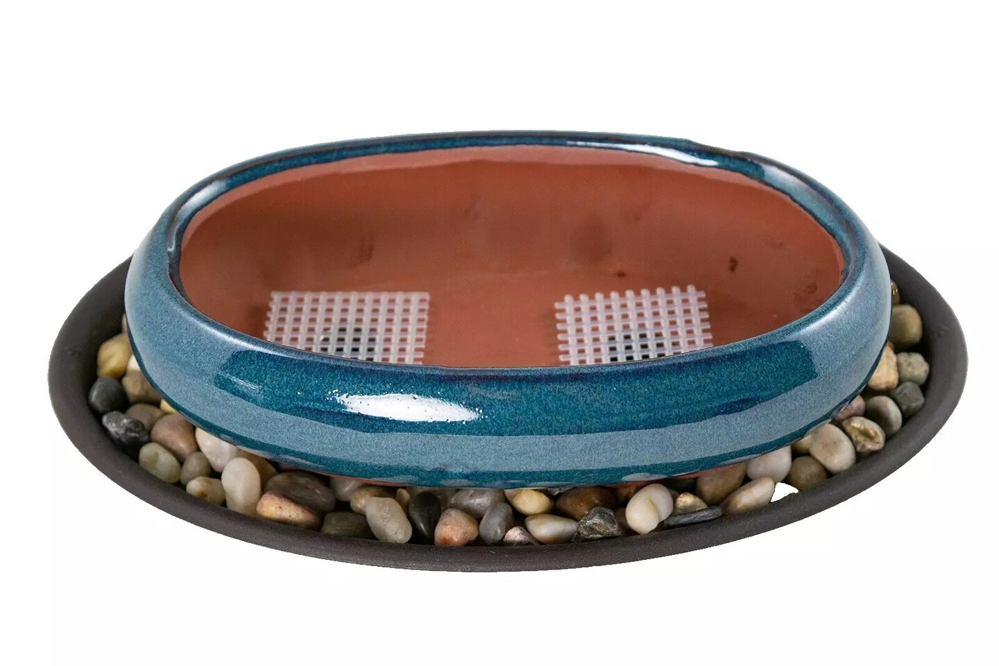 7.25&#x22; Oval Teal Green Bonsai / Succulent Pot + Tray + Rock + Mesh - Combo