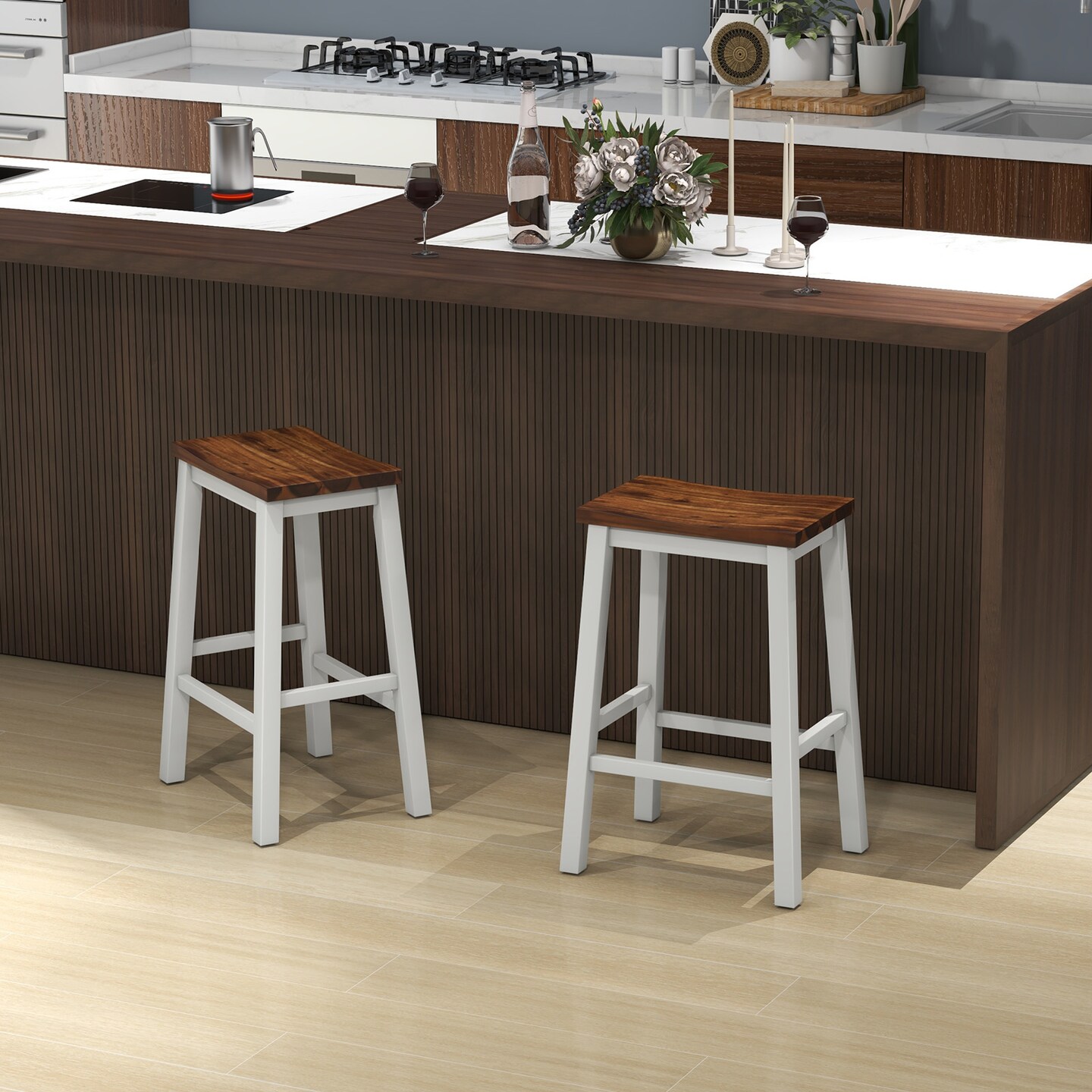 Rubber Wood Acacia Wood Saddle Bar Stools - Set of 2