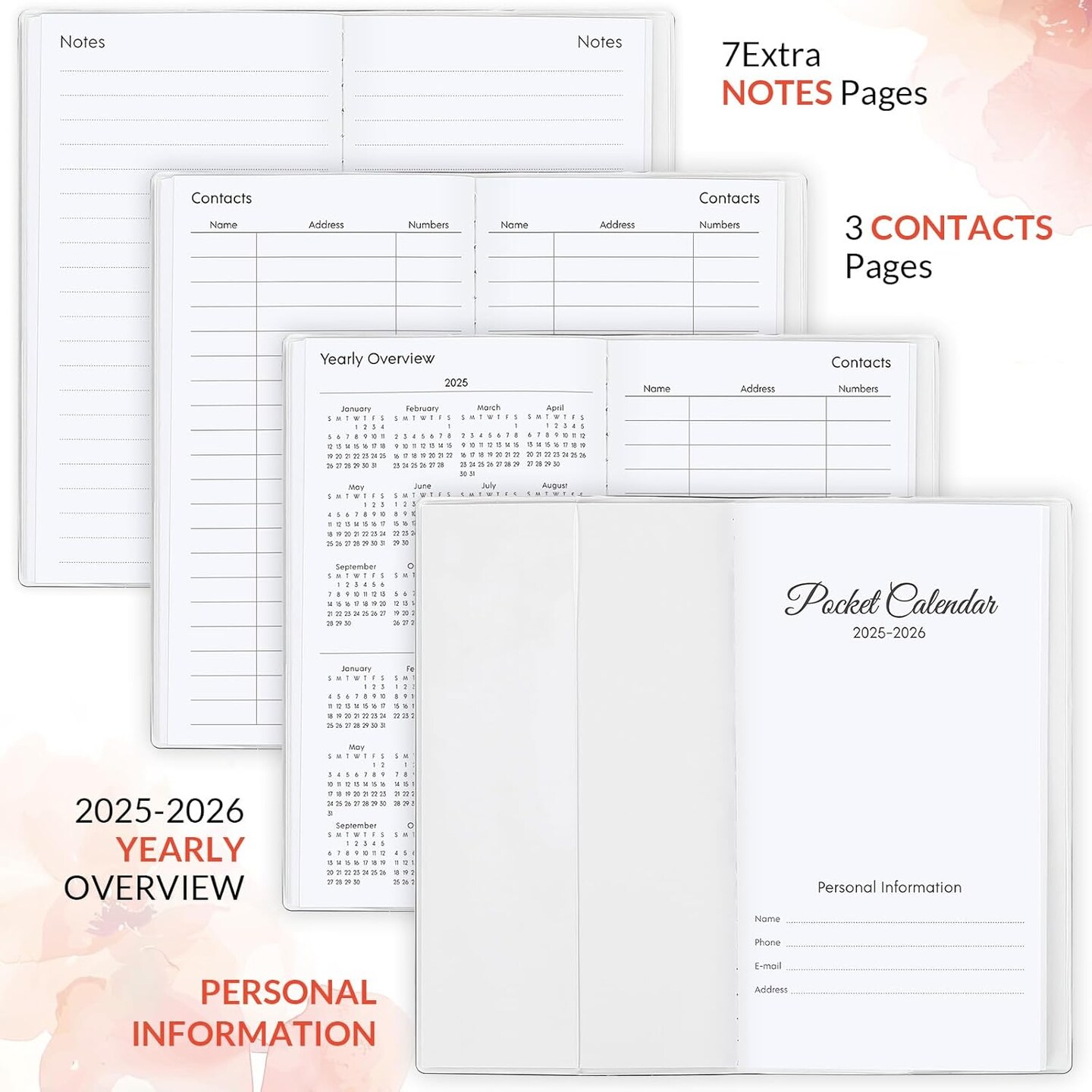 Pocket Calendar 2025-2026, Floral Monthly Planner 2025-2026 - 3.7" x 6.7" - Runs from January 2025 Until December 2026, 2025 Pocket Planner with PVC Cover for Planning