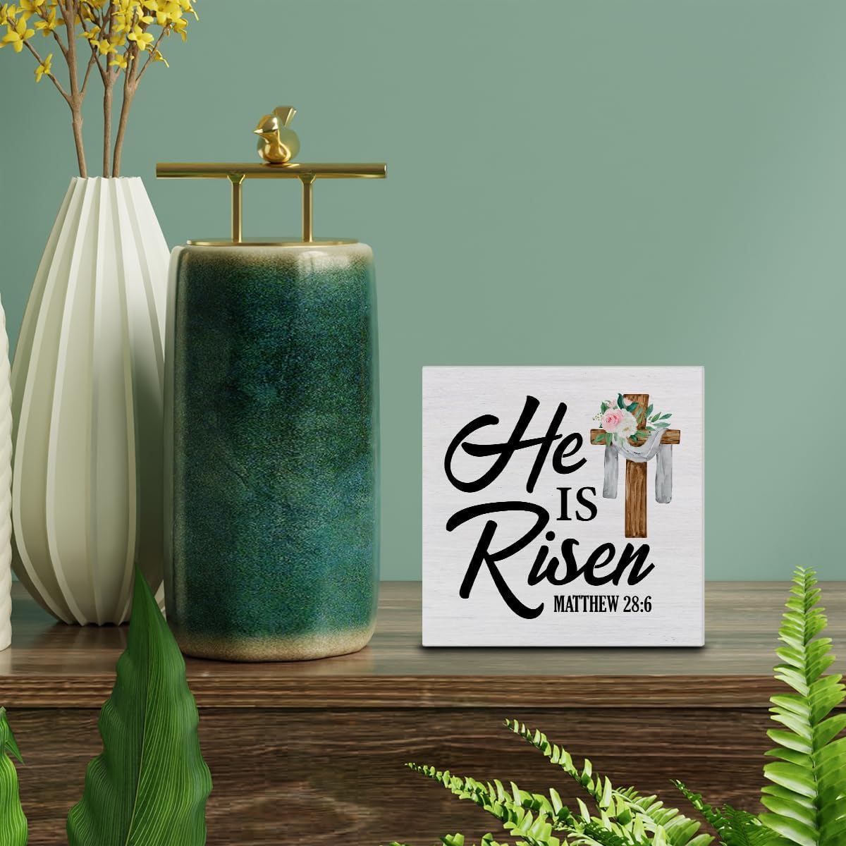 Christian Decor, He is Risen Bible Verse Wood Sign Scripture Easter Decorations Tabletop Shelf Desk Home Decor, 5 X 5 Inches