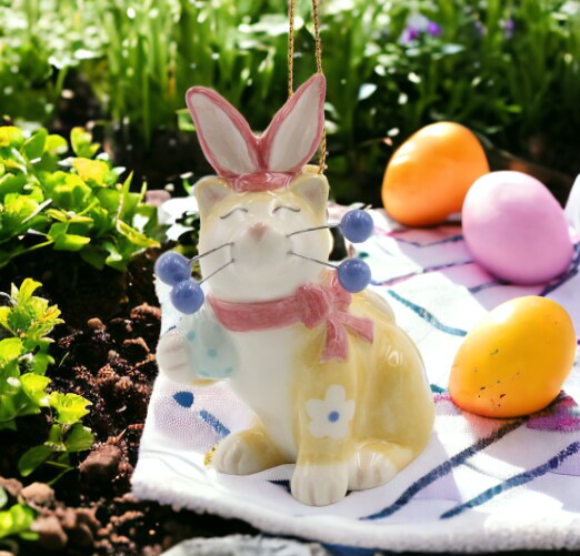 Ceramic Whiskered Cat with Easter Bunny Ears Ornament, Gift for Her, Mom, Kitchen D&#xE9;cor, Spring D&#xE9;cor, Easter D&#xE9;cor, Cat Lover Gift