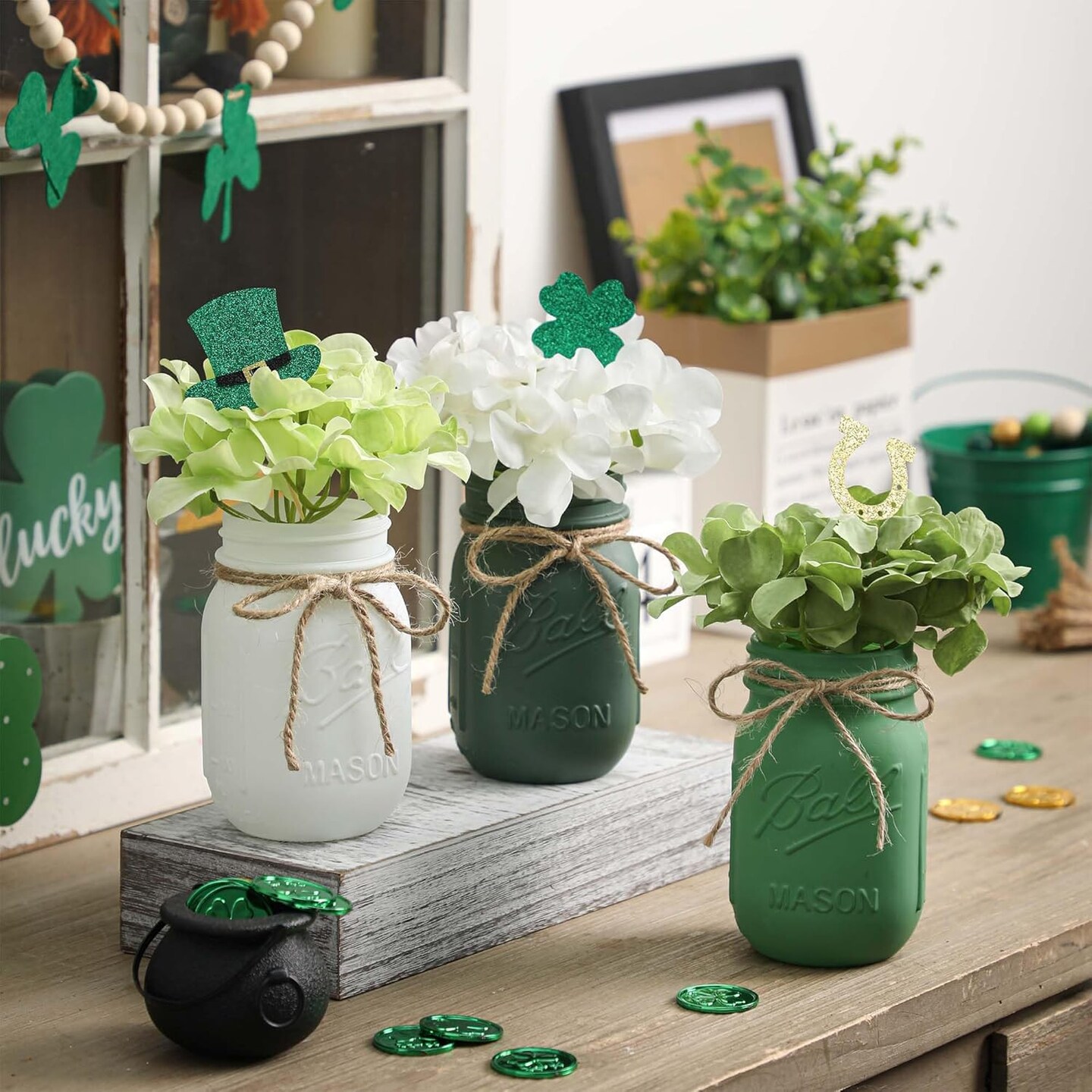 St Patrick Decorations, Green Mason Jar Centerpiece for Table with Wood Tray &#x26; Flowers Set of 3