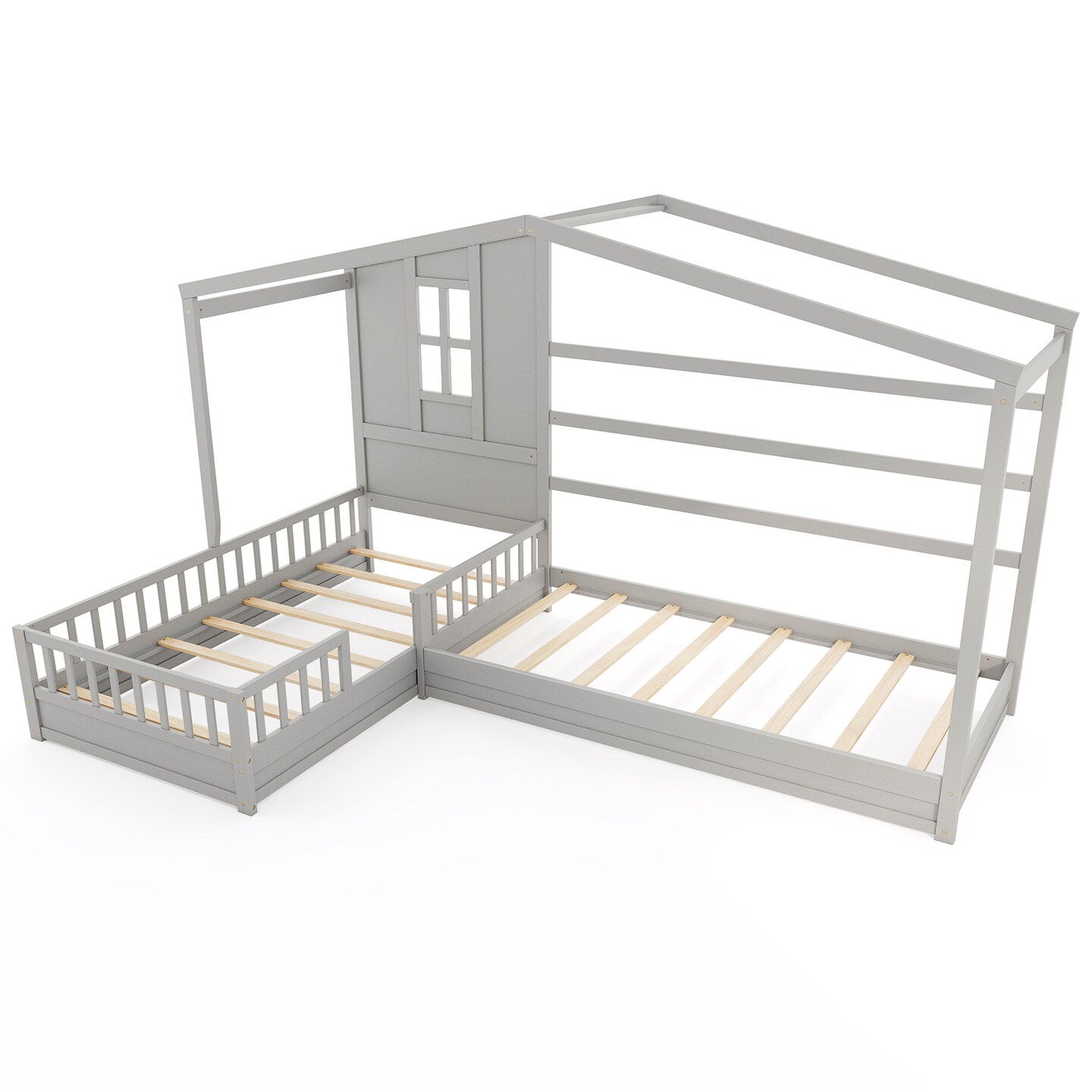 L-shaped Corner Twin House Bed with Guardrails, Creative Roof Design, Solid Wood Frame, and Easy Access