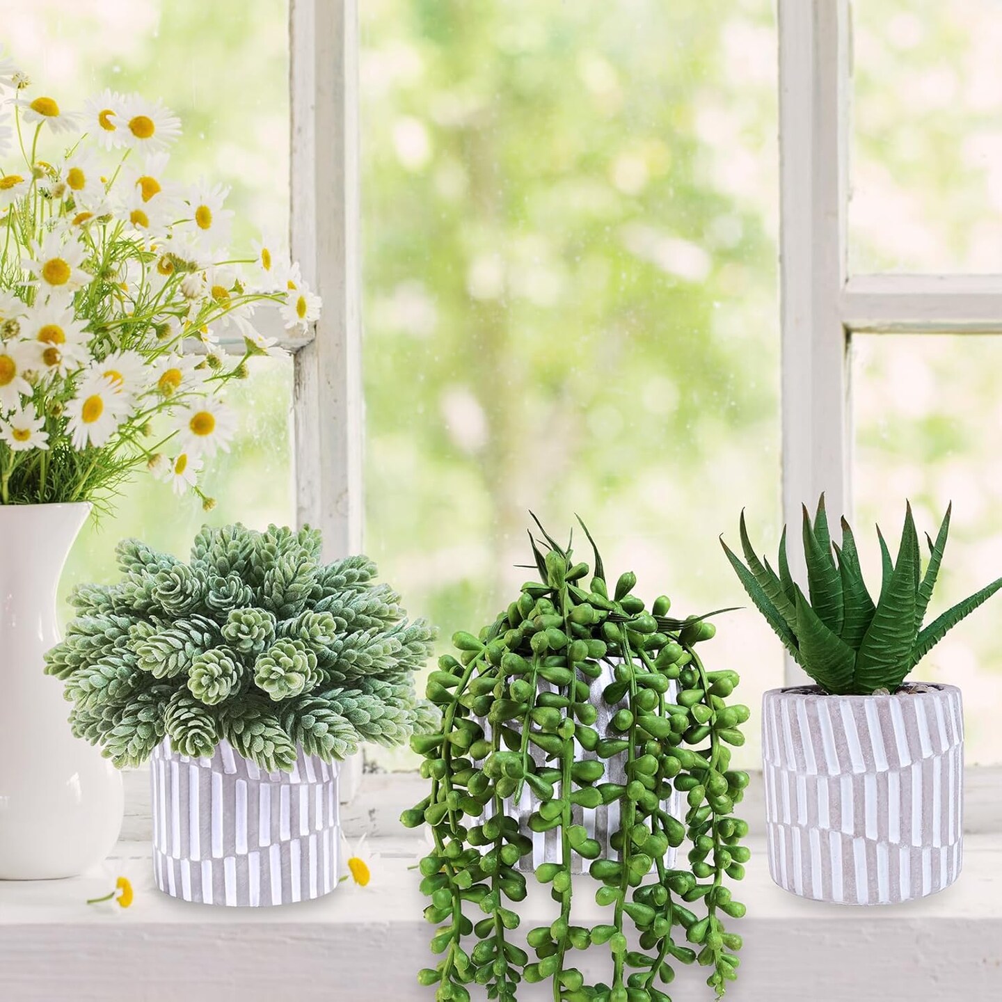 3-Pack Artificial Succulents – Stylish Greenery in Gray Geometric Pots