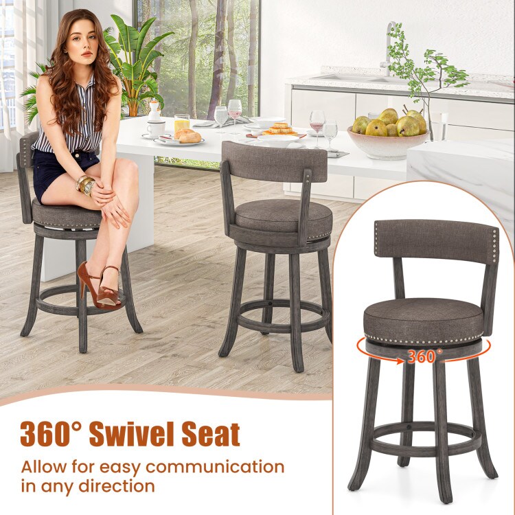 Fabric 360&#xB0; Swivel Counter Height Chairs Set of 2 with Rubber Wood Frame
