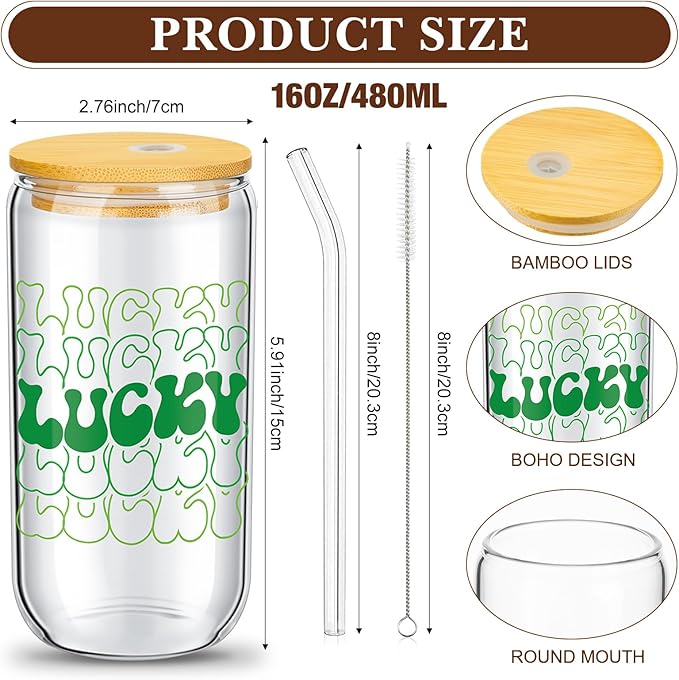 12 Set St Patrick&#x27;s Day Glass Cups 16oz Drinking Glasses with Lids and Straws,Irish Shamrock Can Shaped Iced Coffee Cup for Lucky St Patrick&#x27;s Day Party Supplies Gifts(Cute Style)