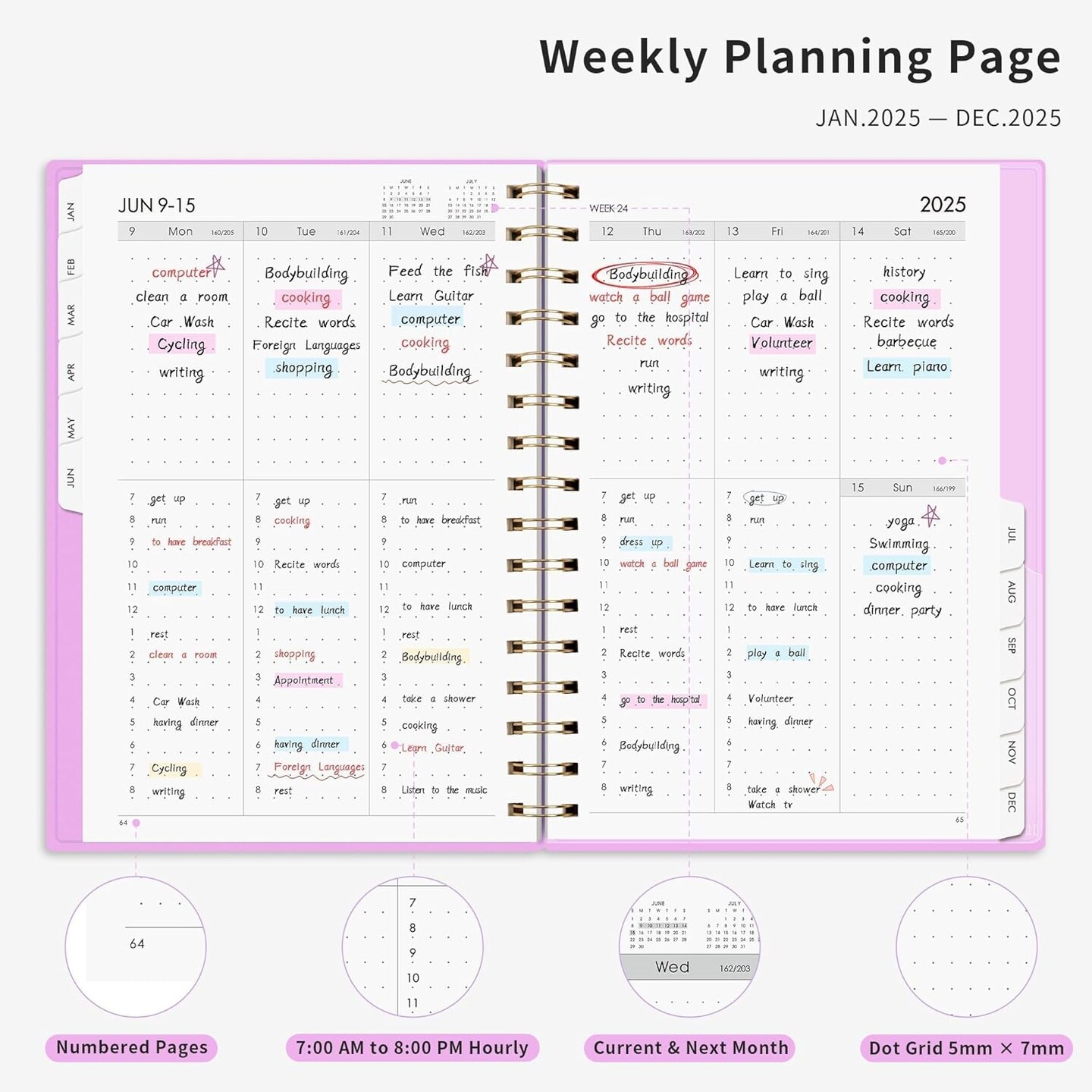 2025 Planner, Bullet Dotted Journal Style, Weekly and Monthly Planner, Jan 2025 - Dec 2025, Medium 5.7&#x22; &#xD7; 8.3&#x22;, 2025 Calendar, 12-Monthly Tabs, Flexible Plastic Cover (Purple)