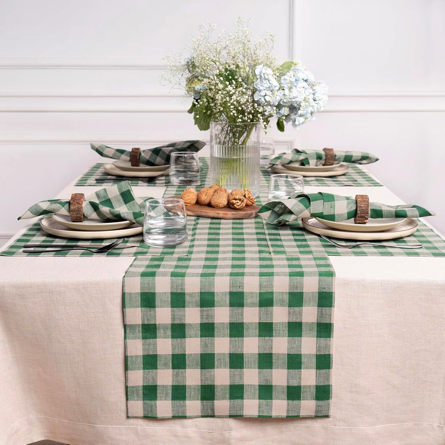 Checkered Linen Table Runner 36 inch - 100% Pure Linen Green and Natural Plaid Table Runner 14 x 36 Inch Ideal for Dresser and Coffee Tables - Morgan Check