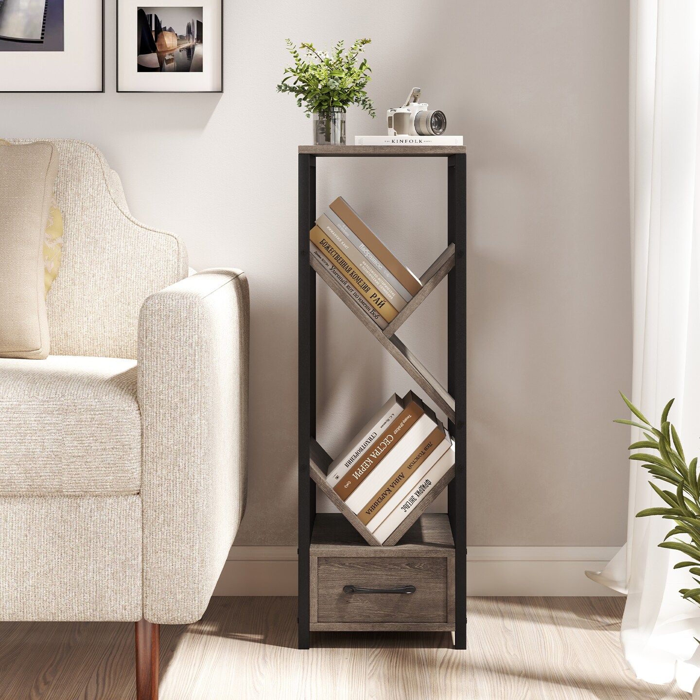 Grey 4 Tier Floor Tree Bookshelf with Drawer and Metal Frame Perfect for Any Room