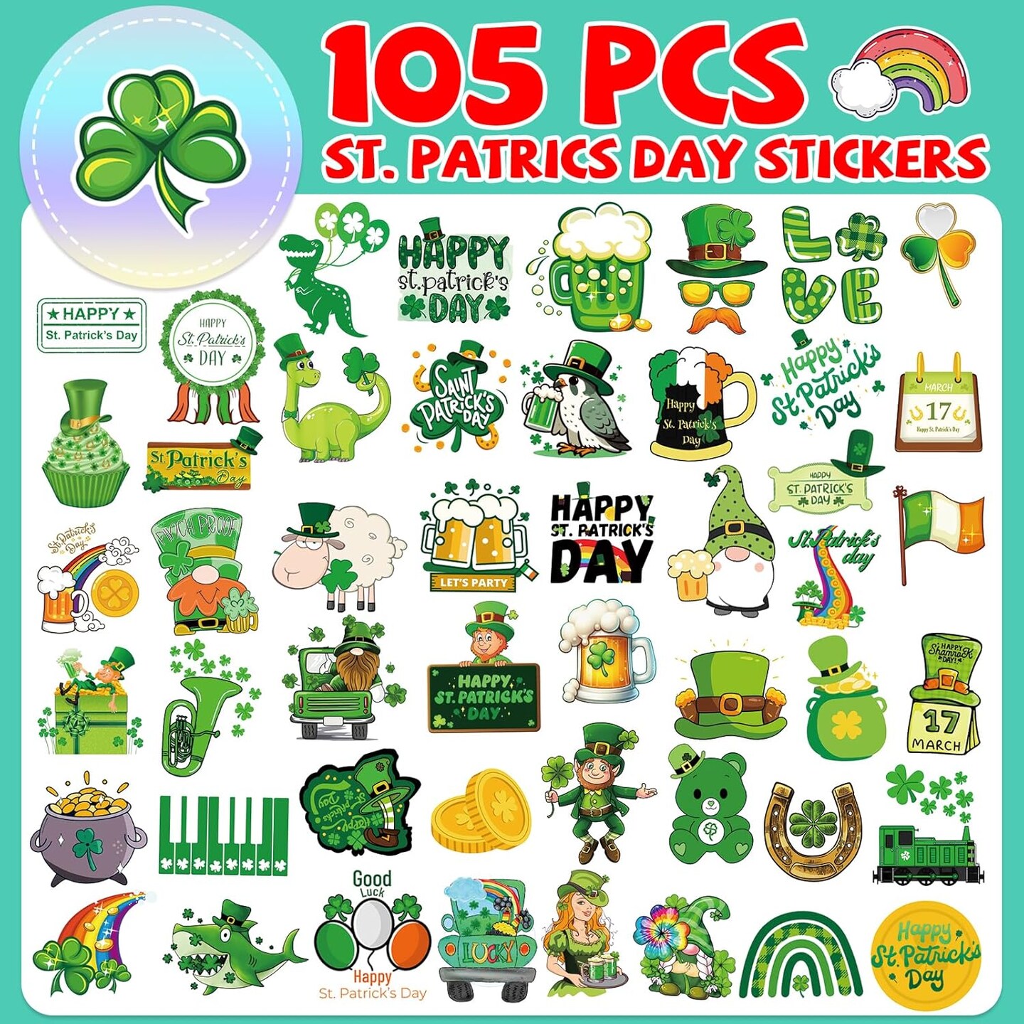 105 PCS St Patricks Day Stickers, Vinyl Waterproof Shamrock Stickers Irish Day Decals