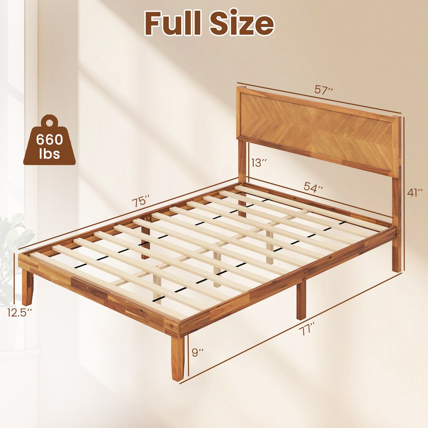 Rustic Golden Brown Acacia Wood MDF Platform Bed Frame with Headboard and Under-Bed Storage