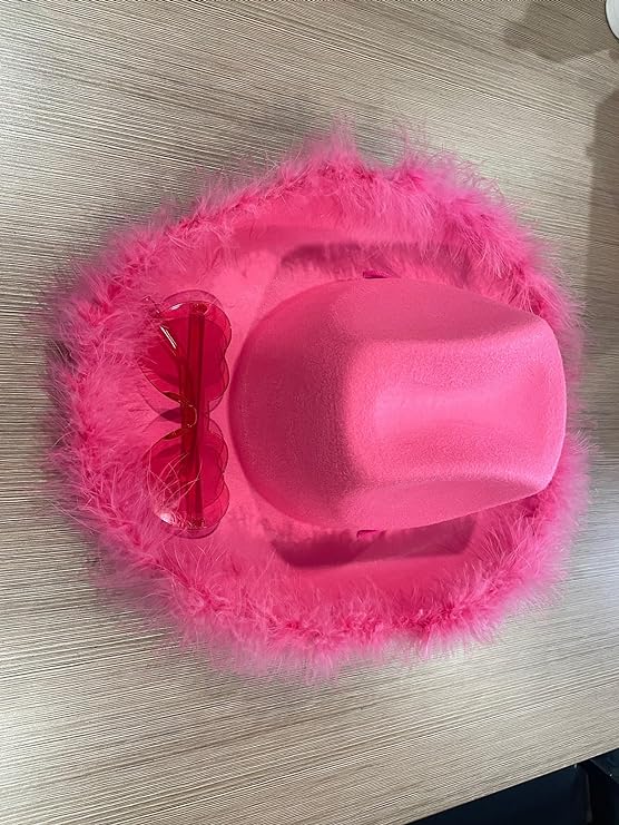 4E&#x27;s Novelty Hot Pink Cowgirl Hat with Feathers &#x26; Heart Sunglasses &#x2013; Cowboy Hat for Adults
