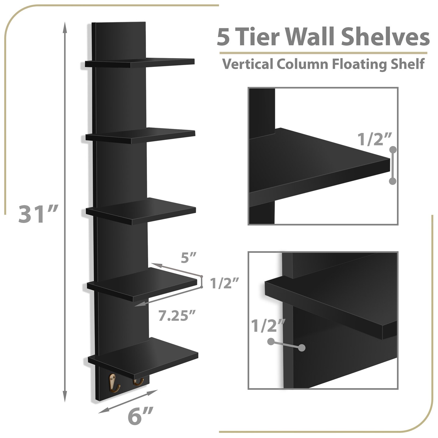 Sorbus 5 Tier Wall Shelf Unit with Hooks, Wall-Mounted Floating Column Utility Shelving for Home Decor and Storage Organizer