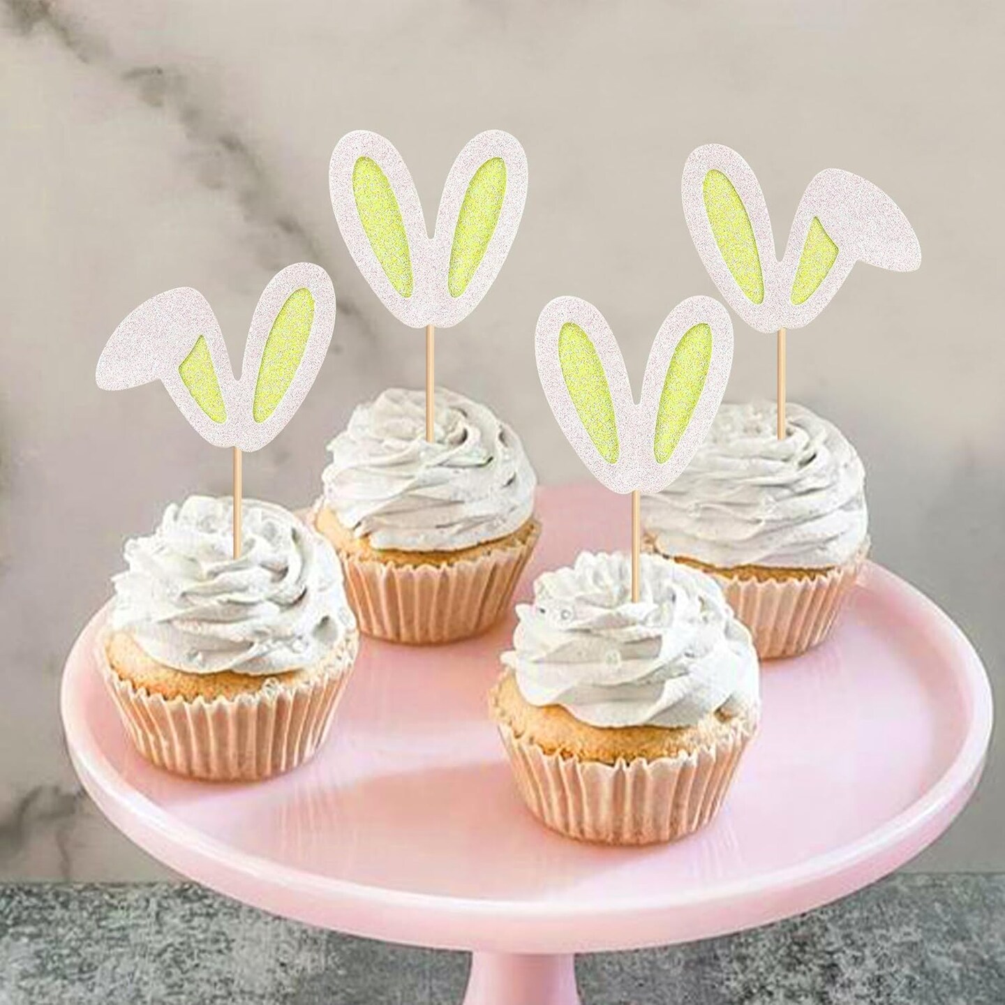 24 Pack Easter Bunny Ear Cupcake Toppers, Yellow Glitter Rabbit Ears Cupcake Picks, Easter Day Cake Toppers for Easter Theme Spring Birthday Baby Shower Party Supplies