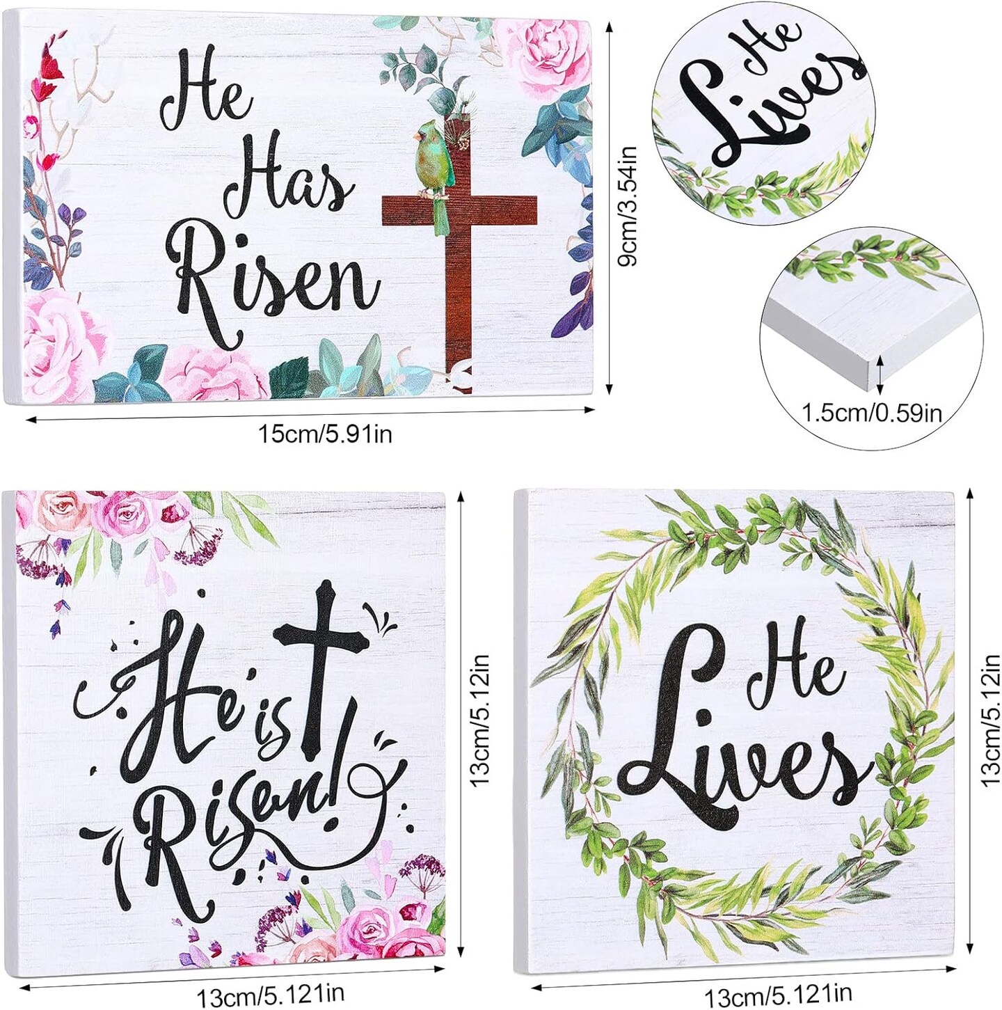 3 Pieces Easter Christian Table Decorations Signs He Is Risen Decor Wooden Inspirational Tiered Tray Block Signs Easter Spring Table Centerpieces He Lives Tabletop Decor for Holidays