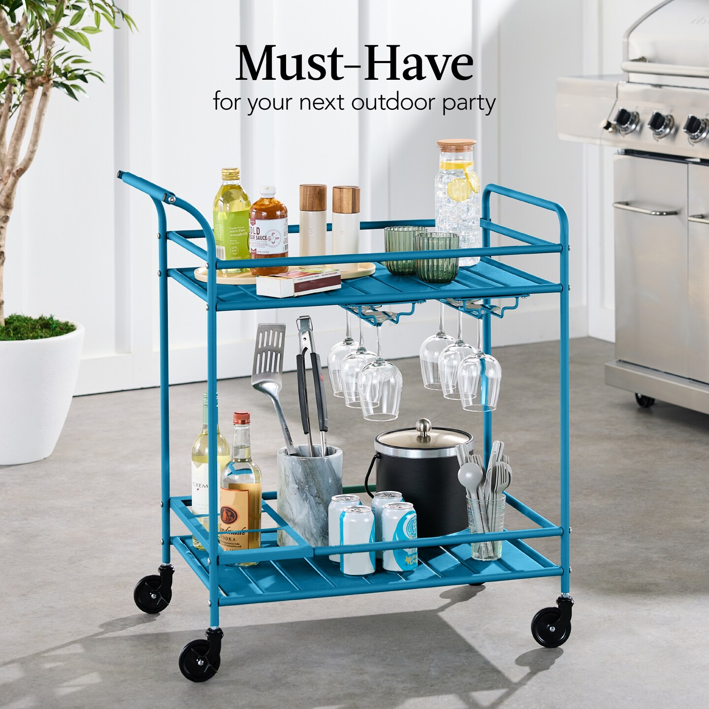 Best Choice Products 2-Tier Rolling Bar Cart Indoor/Outdoor w/ Storage Shelves, Wine Rack, Lockable Wheels