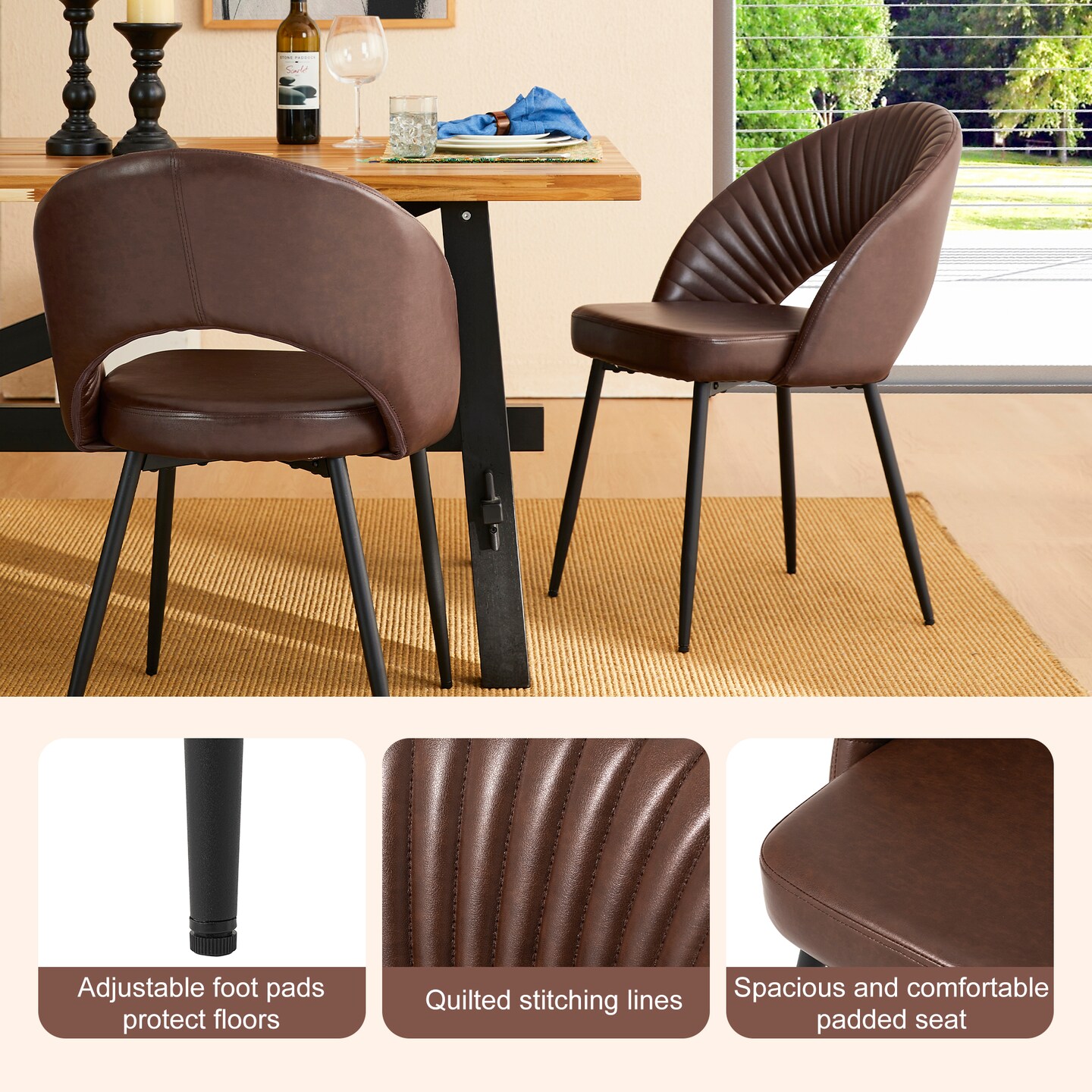 Set of 2/4Mid-Century Modern Quilted PU Leather Dining Side Chair with Metal Tapered Legs