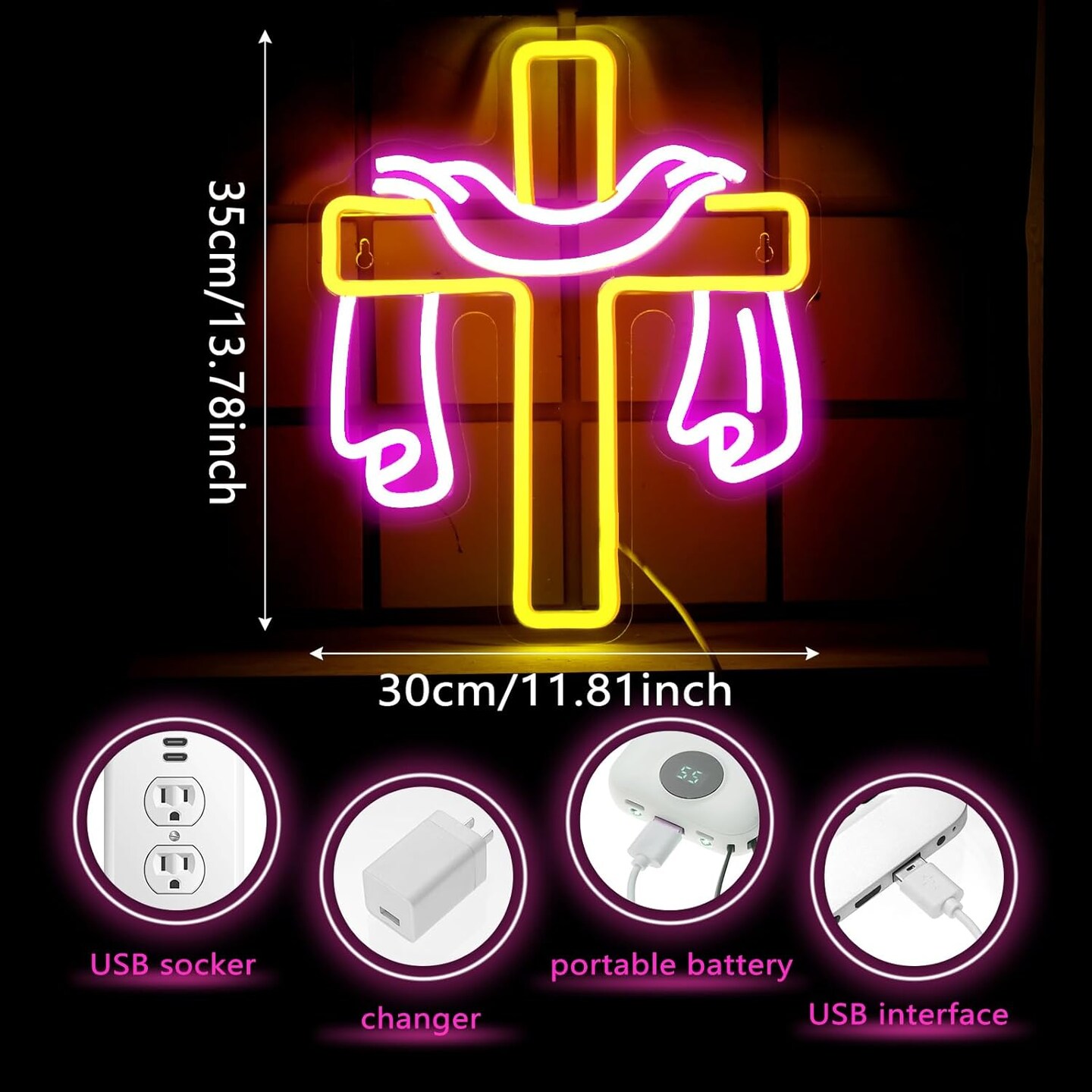 Easter Cross Neon Sign Jesus Neon Lights Signs Religious LED Light Easter Decorations for Wall Decor Christian Neon Sign for Home Bedroom Cafe Office Birthday Gift Supplies, 13.78 x 9.84 Inch