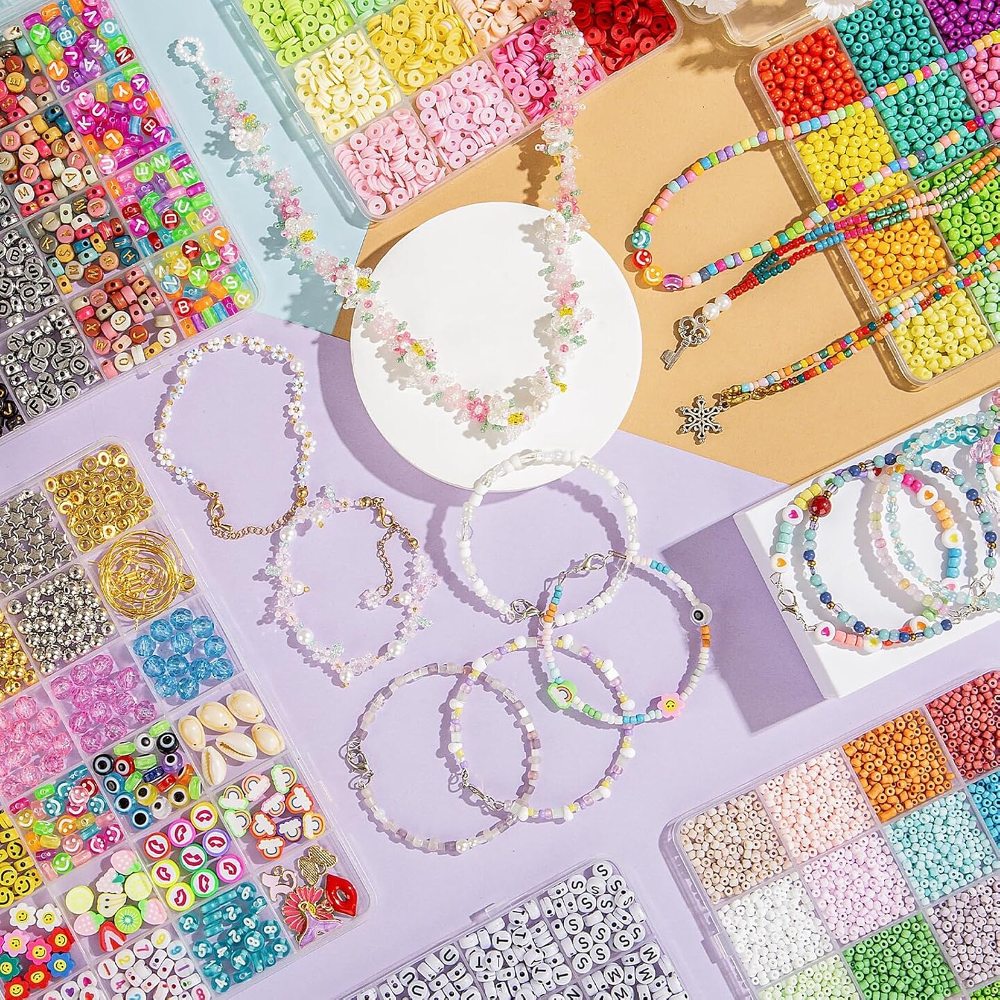 Friendship Bracelet Kit for Girls, 16000 pcs with Seed Beads (2/3/4mm), Clay Beads, 7 Styles Letter Beads (A-Z), Variety of Charms, DIY Jewelry Making Crafts, Kids Toy for Ages 6+