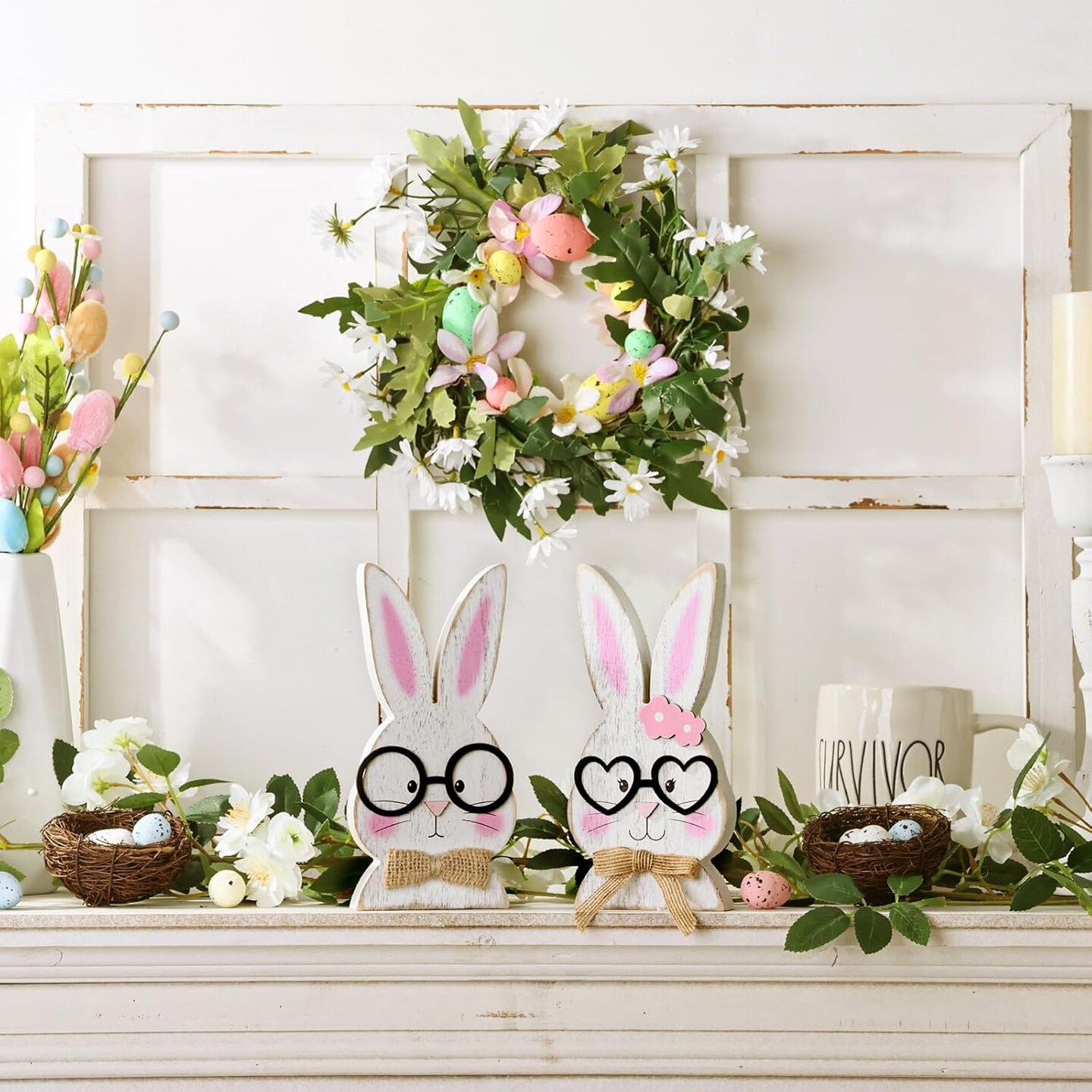 Rustic Wooden Bunny Couple Easter Decorations – Farmhouse Happy Easter Table Centerpiece, White Rabbit with Glasses, Home & Office Decor, Cute Easter Gift