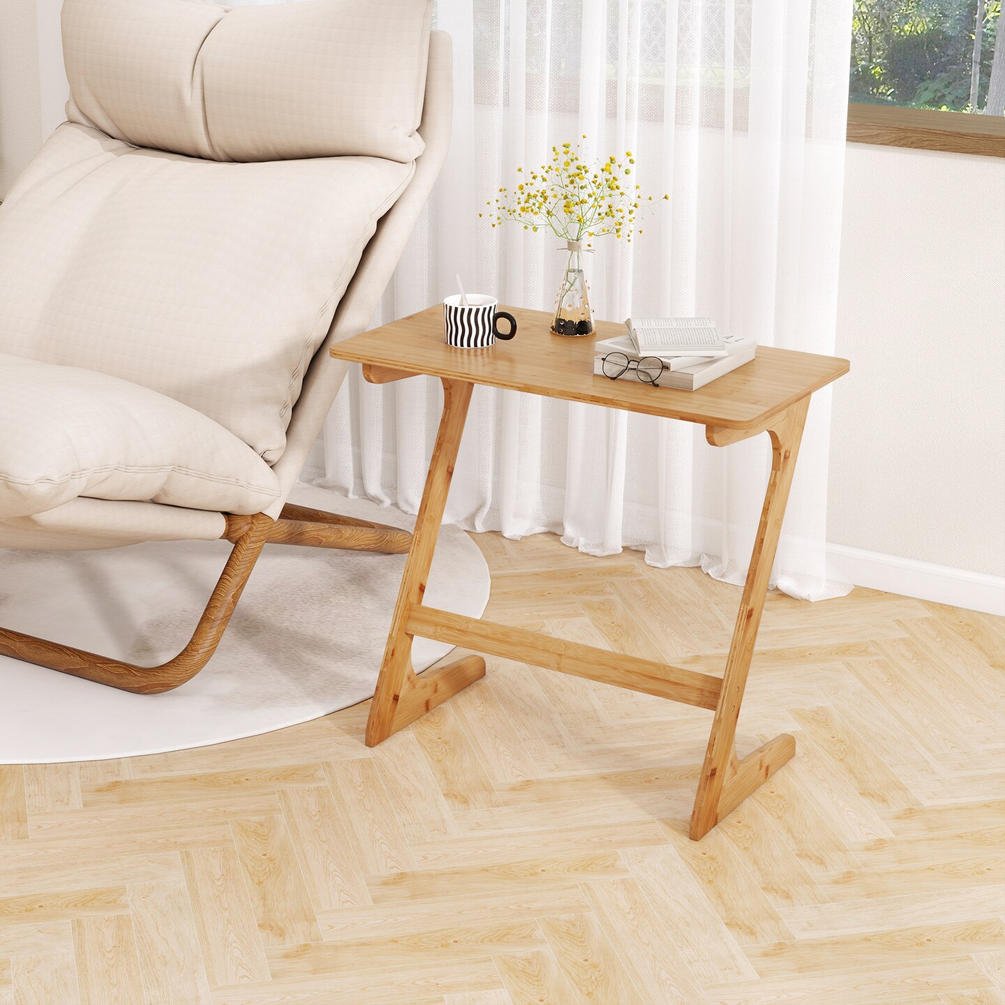Wicker Z-Shaped Spacious Sofa Side Table with Space-Saving Tabletop