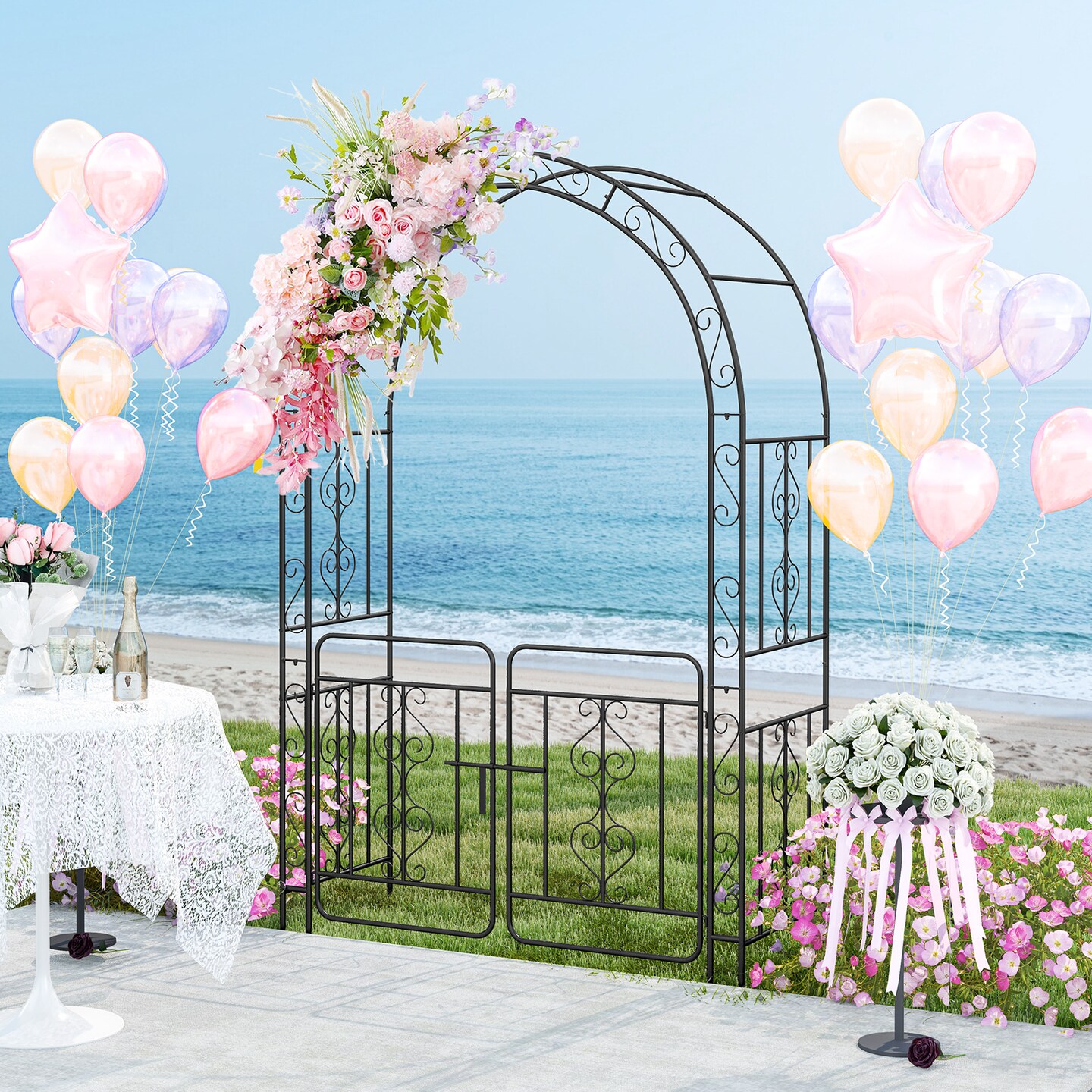 Garden Arbor with Gate with Multiple Side Crossbars and 4 Sharp Ground Stakes-Black