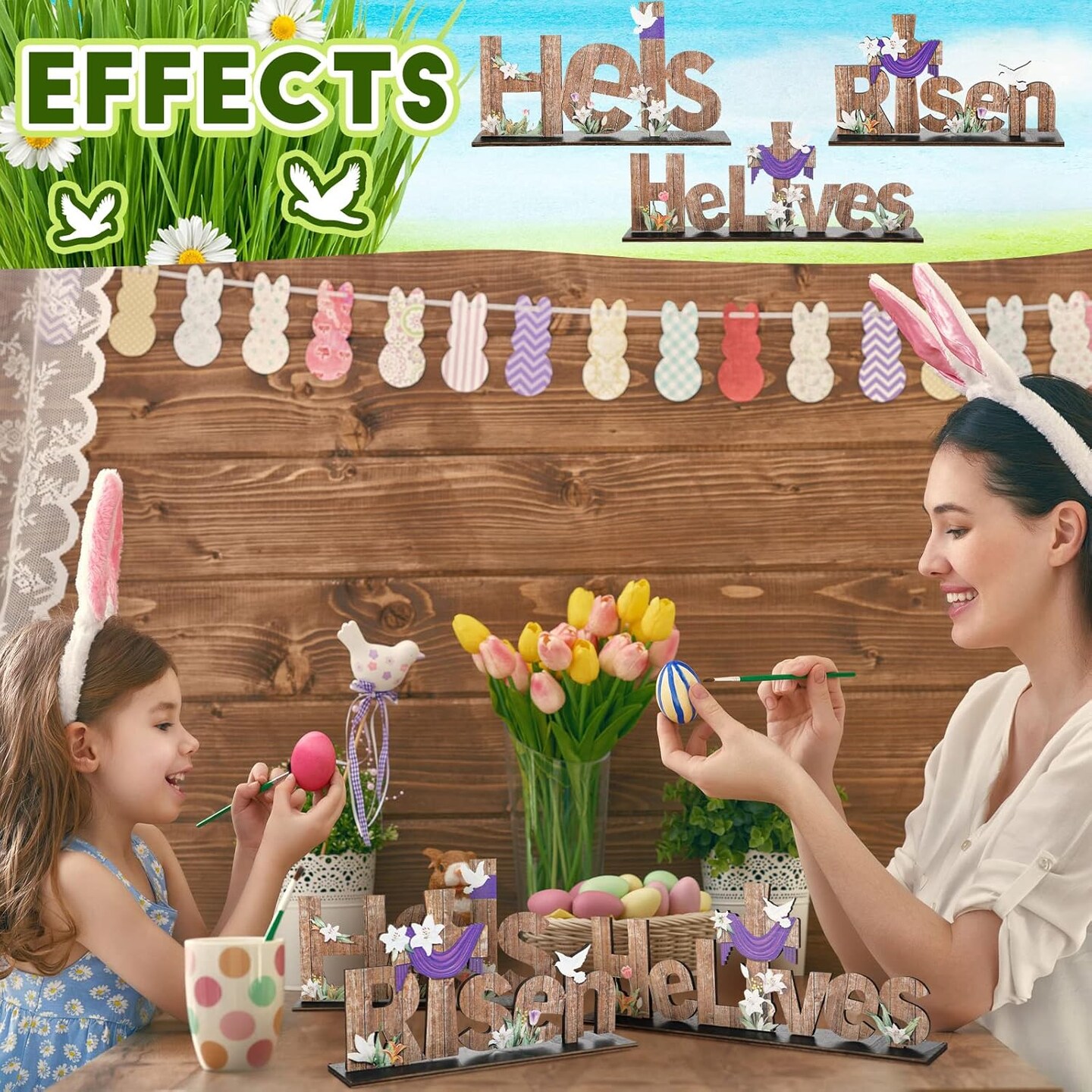 3 Pcs Easter Table Decor He is Risen Tabletop Decorations He Lives Wooden Signs Religious Jesus Cross Rustic Table Centerpiece for Easter Party Home Dinner Spring Decor