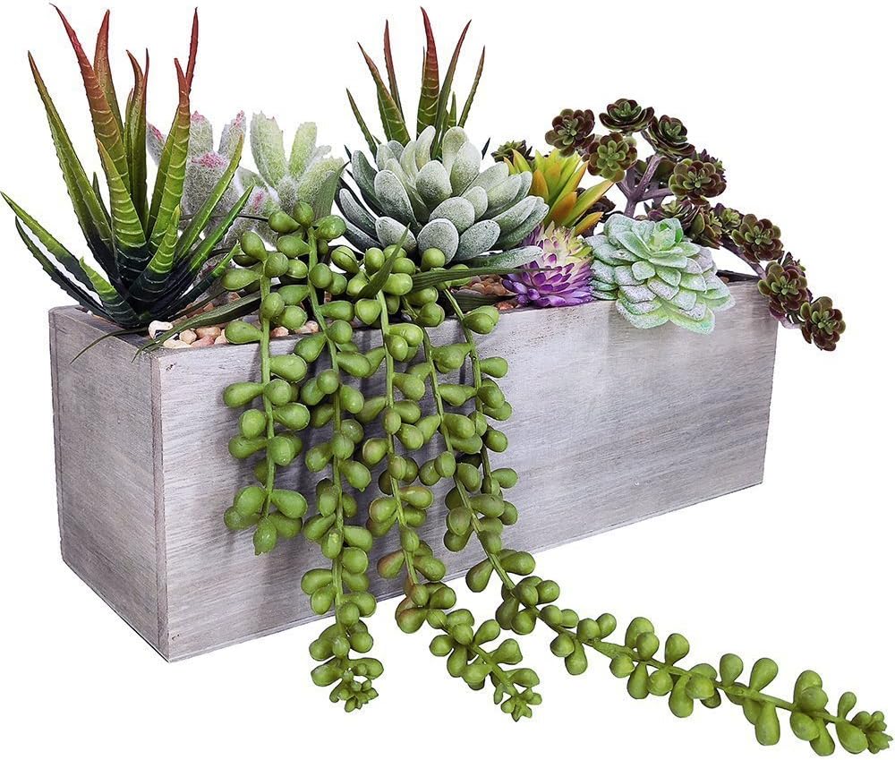 Artificial Succulent Arrangement – Rustic Greenery in Wooden Pot