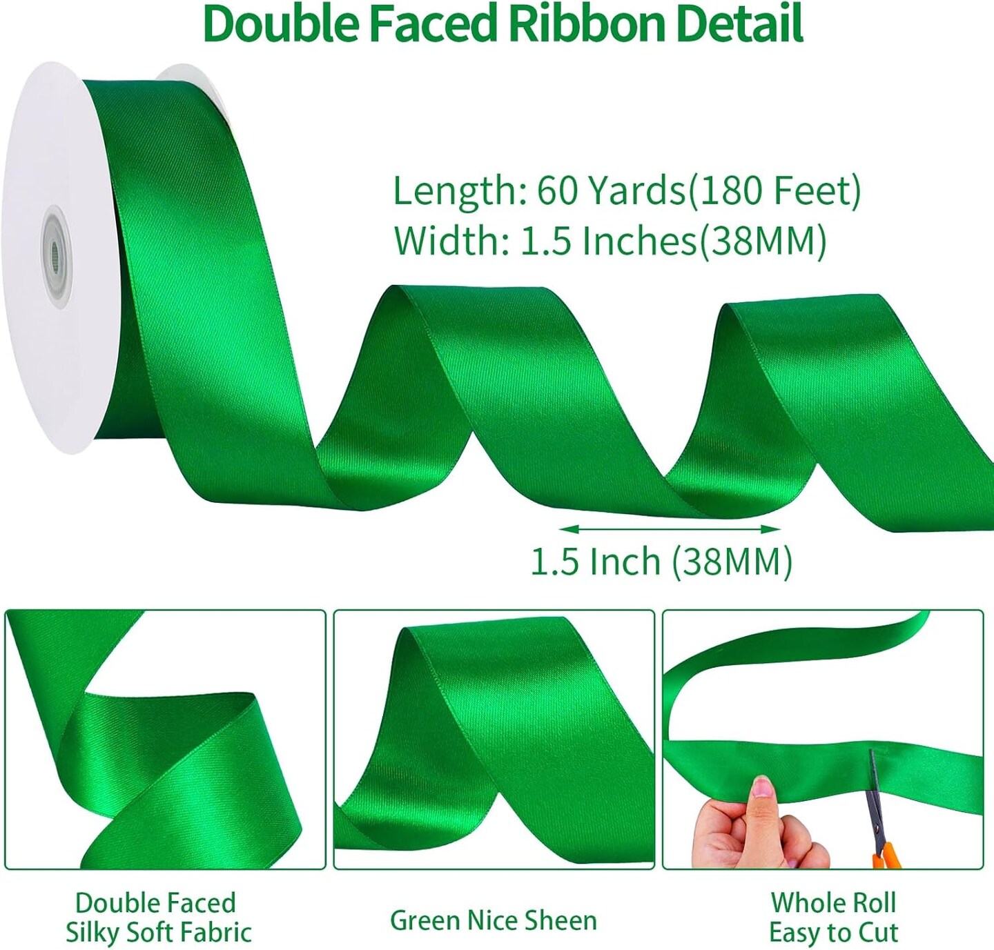 60 Yards Double Faced Green Ribbon, 1 1/2 inch Green Satin Ribbon Valentines Ribbon for Gift Wrapping Crafts Flower Bouquet Hair Bows Party Birthday Graduate Valentine&#x27;s Day Mother&#x27;s Day Decorations