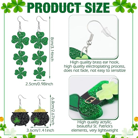 8 Pairs St. Patrick&#x27;s Day Earrings for Women Acrylic Stud Irish Shamrock Dangle Earrings Green Hat Gold Pot Four Leaf Clover Earrings for Festival St Patty&#x27;s Jewelry