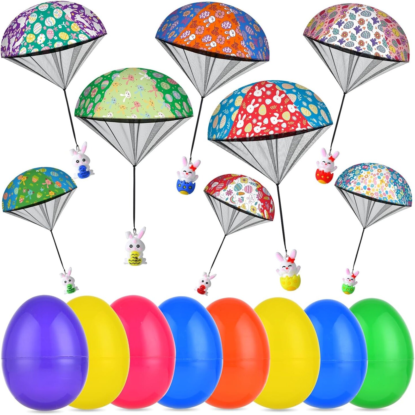 8 Pack Prefilled Easter Eggs Parachute Toys, Easter Basket Stuffers with Hand Throw Flying Toys