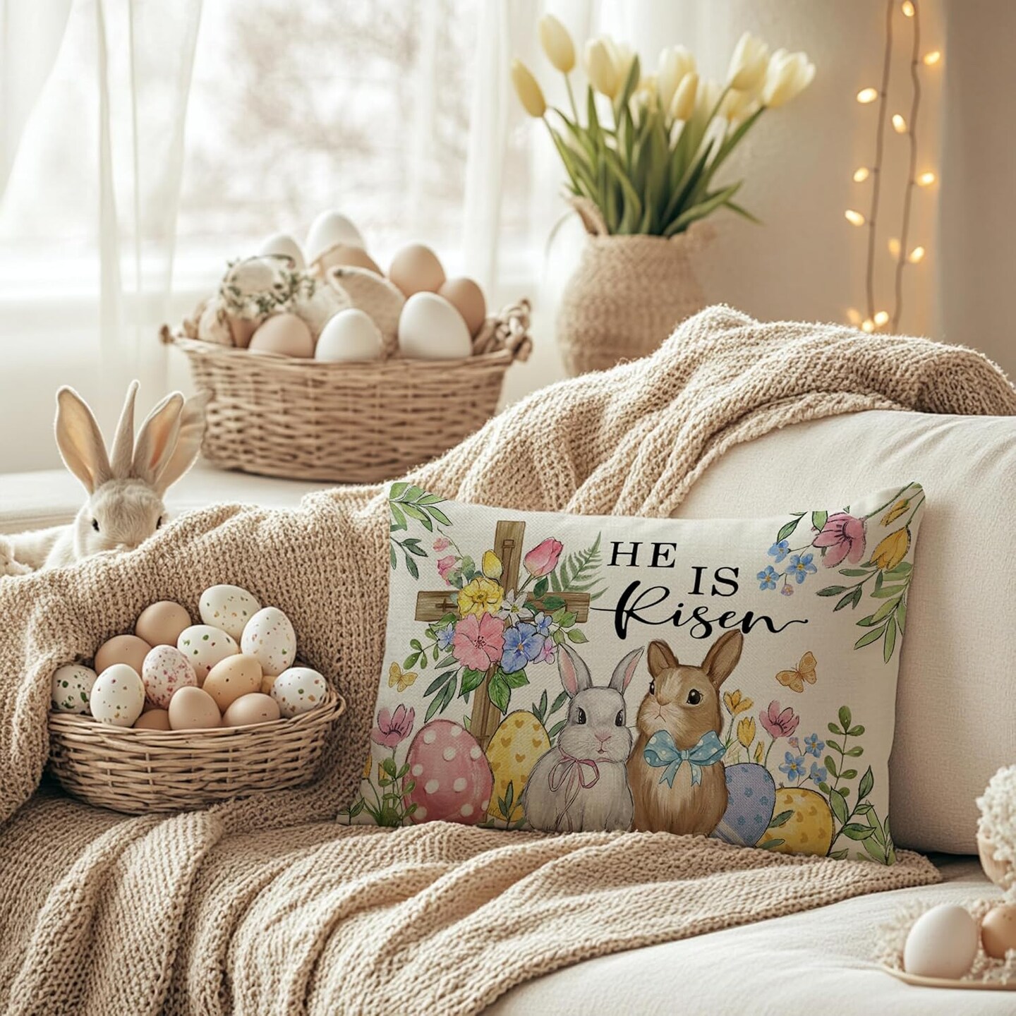 Easter Pillow Cover 12x20 Inch Cross Bunny Eggs Floral Decorative Pillow Case