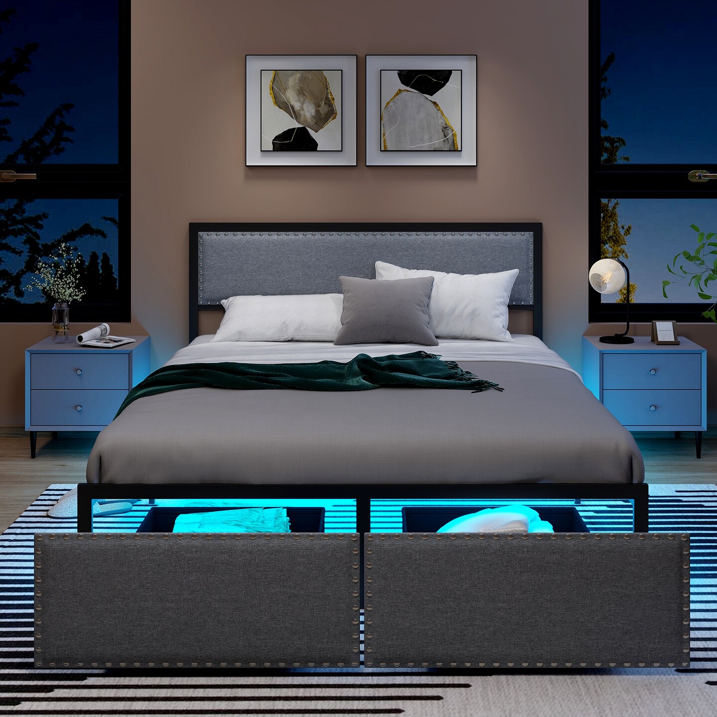 Grey Metal Slats Platform Bed Frame with LED Lights and Drawer