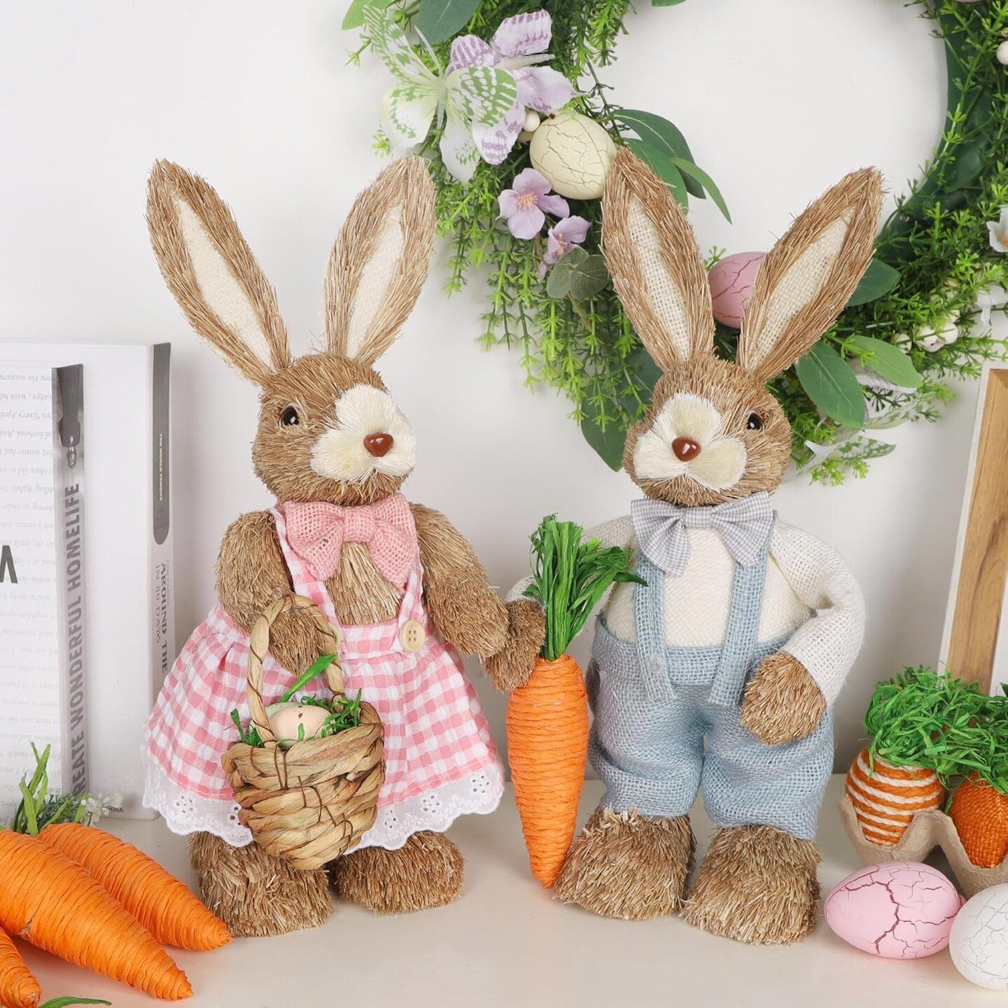 Set of 2 Easter Decorations Bunny, 14" Straw Bunny Figurine Tabletop Decor, Bunny Couple Statue with Carrot Eggs, Sisal Rabbits Spring Decor Centerpiece for Home Table Office Kitchen Farmhouse