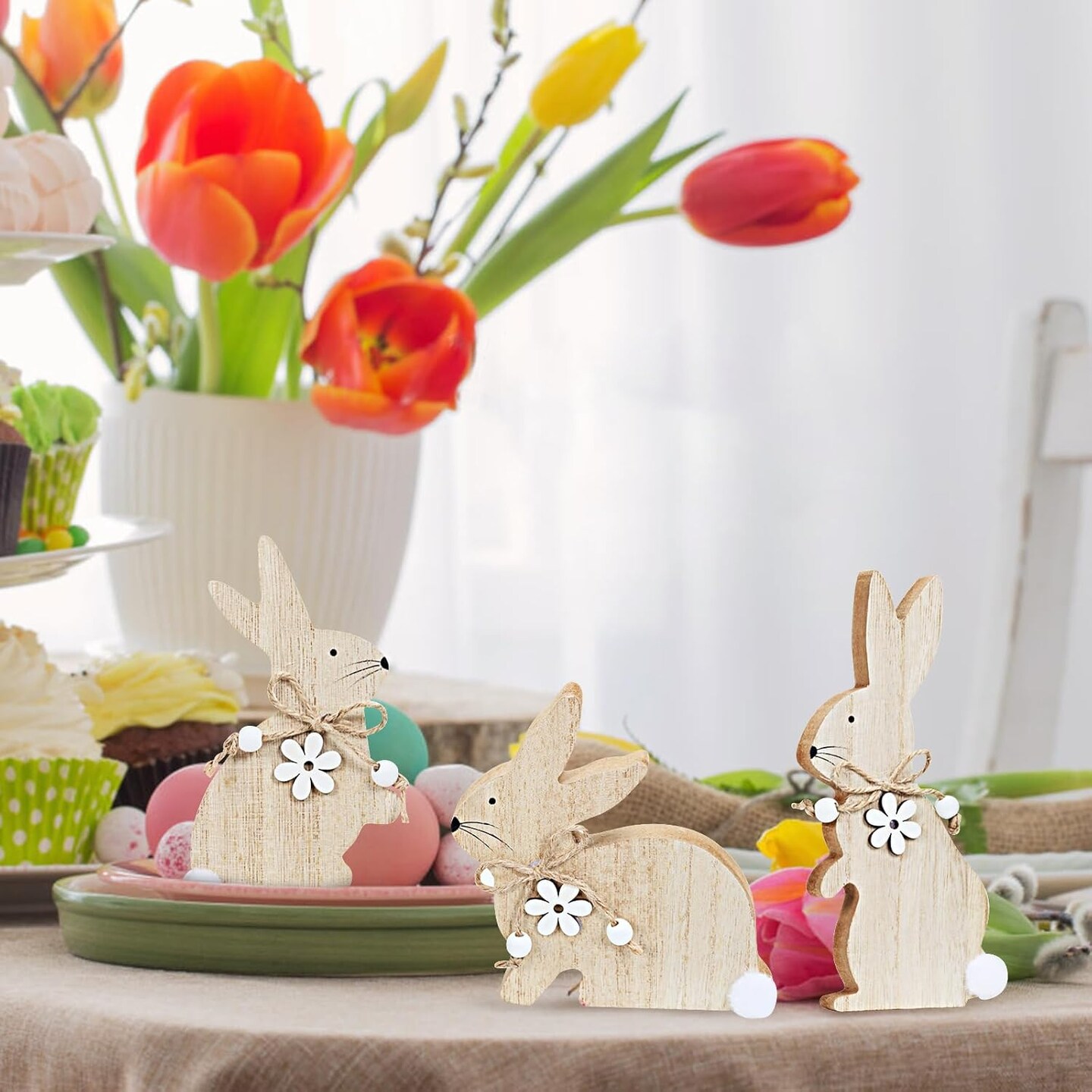 Easter Bunny Table Wooden Sign Decorations for Home, 3 Pieces Farmhouse Rabbit with Pompom Ball