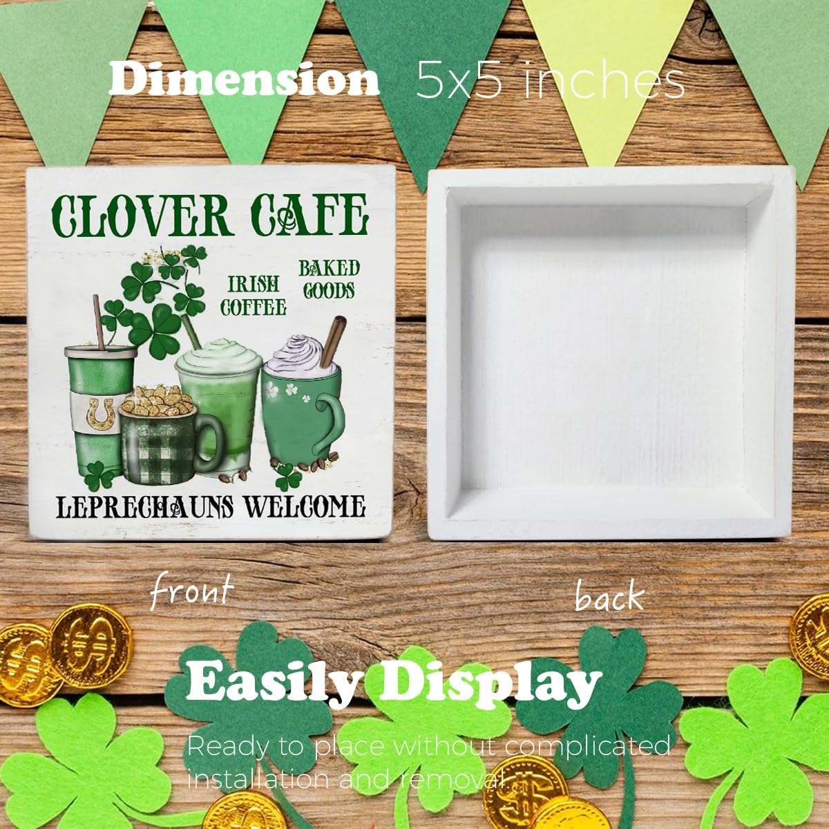 Coffee Decor, St. Patricks Day Decor Clover Cafe Wooden Sign St Patricks Day Decorations Home Kitchen Decor for Desk Table Shelf 5 x 5 Inches, Irish Coffee Decor
