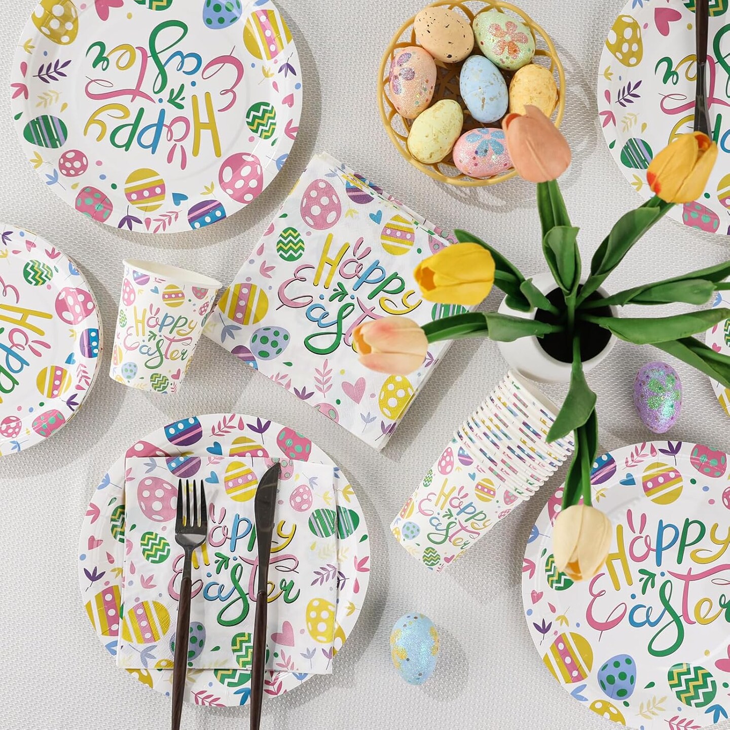 Easter Party Decorations Set for 24-Disposable Paper Plates and Napkins, Cups Tableware Happy Easter Eggs Bunny Party Supplies Decorations for Easter Party Supplies Table Decor