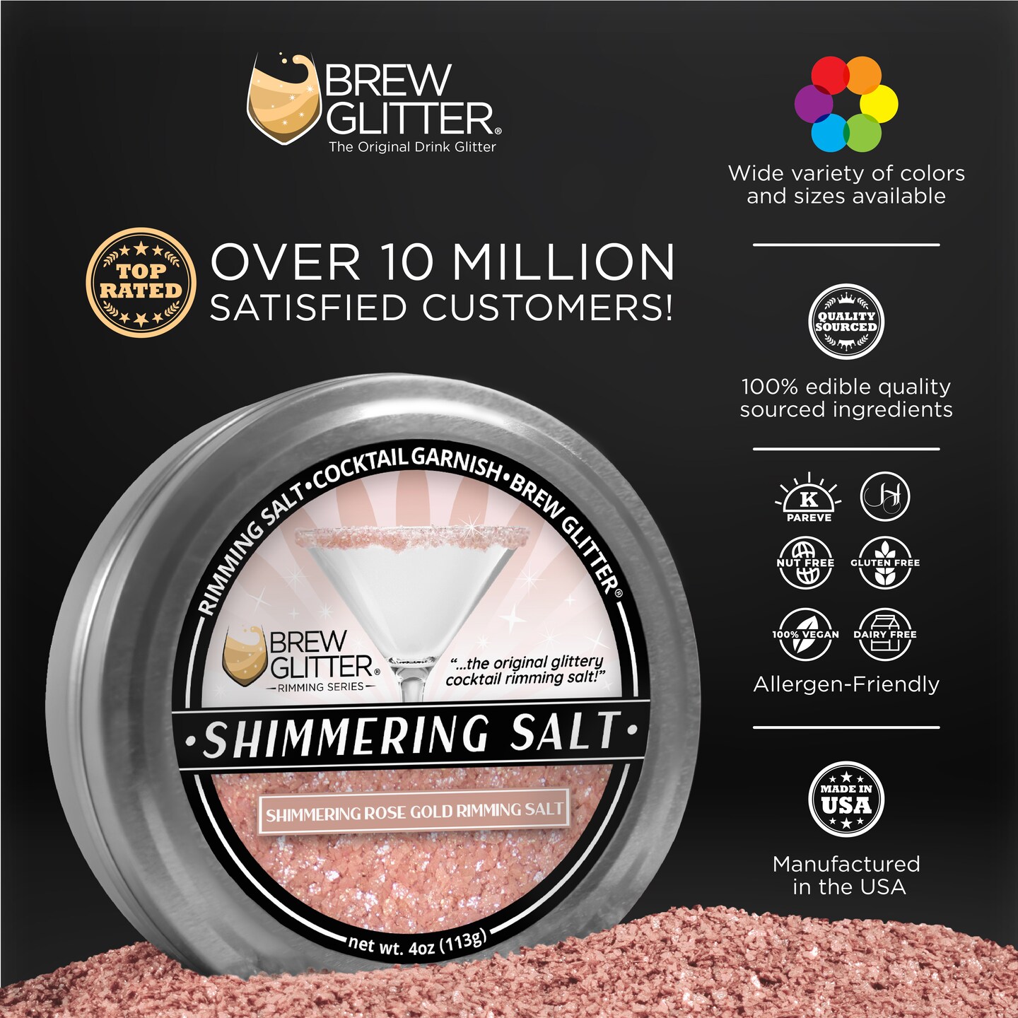 Brew Glitter - Shimmering Rose Gold Rimming Salt (4oz, 1x Bar Tin) Edible Glitter Blended Cocktail Garnish for Mixed Drinks and Beverages