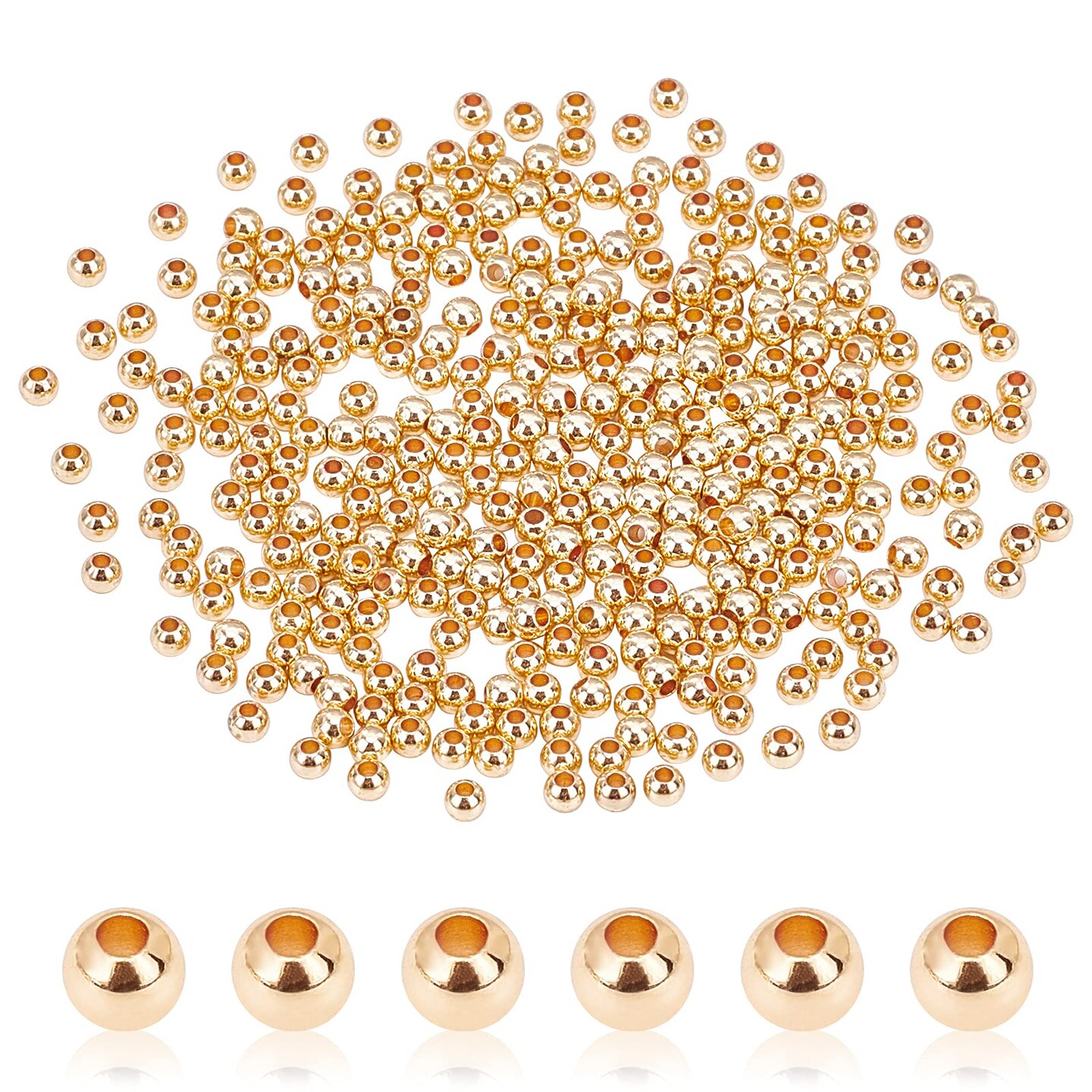 3mm 14K Gold Spacer Beads, 300pcs Mini Smooth Round Beads Seamless Ball Beads Small Brass Loose Beads Metal Beads for Summer Hawaii Layered Necklace Bracelet Jewelry Making