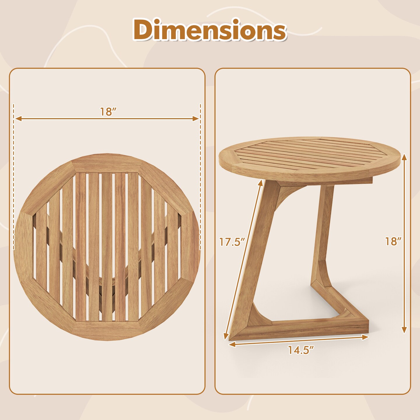 Teak Wood Side Table Round Sofa End Table with Slatted Tabletop