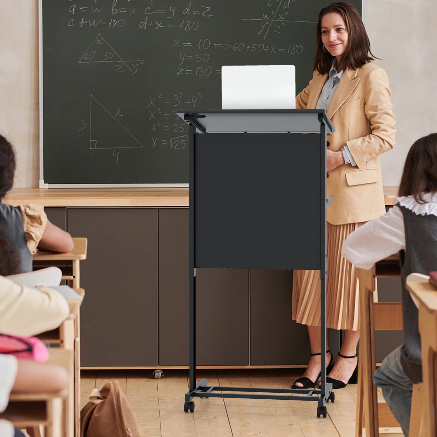 3-Position Black Height Adjustable Lectern Table with Tilted Tabletop and Built-In Cable Hole