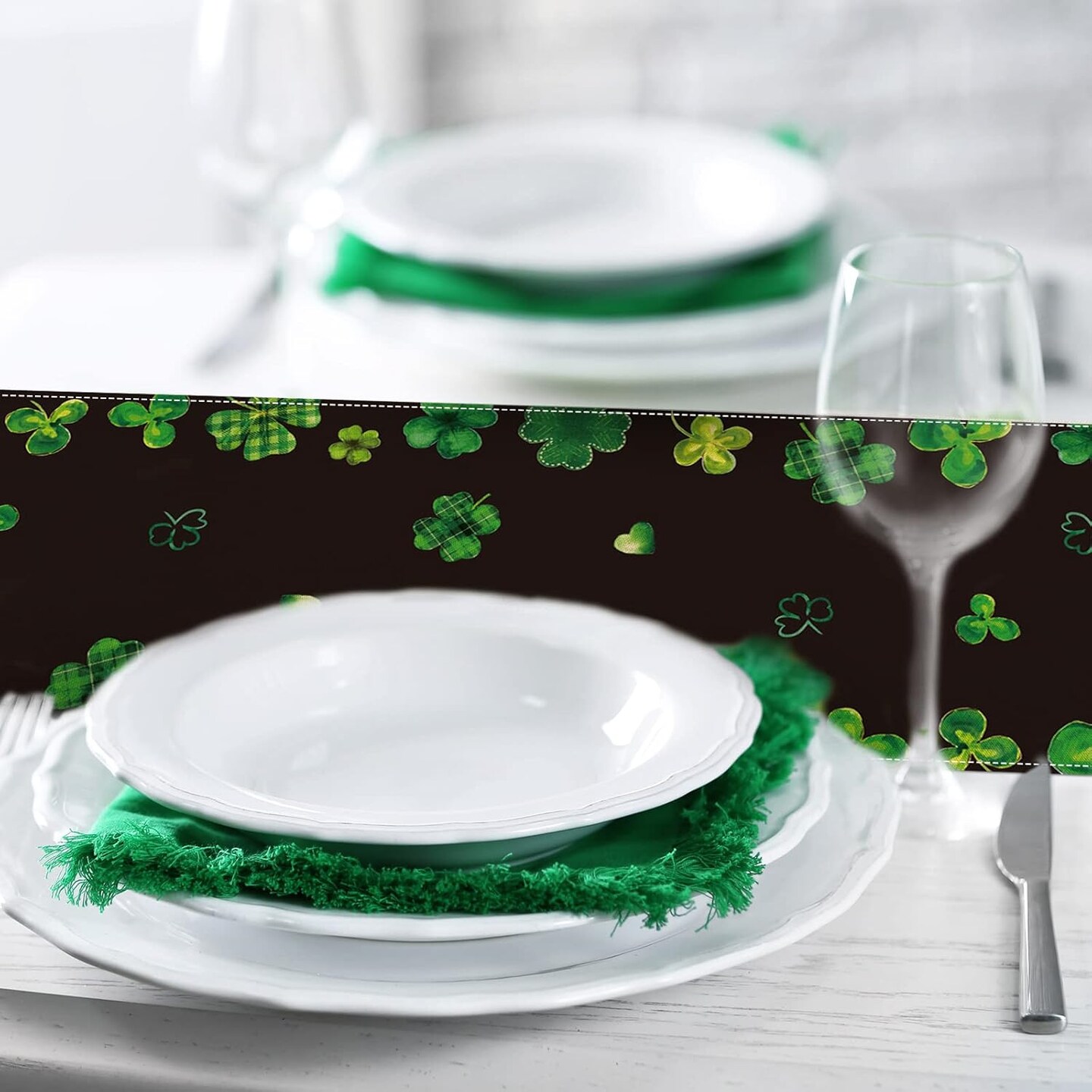 St. Patrick's Day Table Runner 13 x 72 Rectangle Green Black Shamrock Table Cover Watercolor Lucky Clover