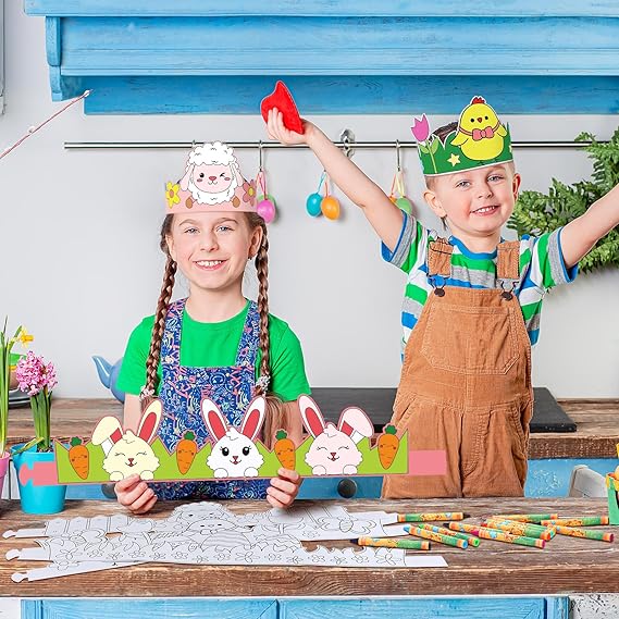 30 Sets Easter Crown Craft for Kids Color Your Own Easter Crown with Crayons DIY Coloring Easter Adjustable Paper Headband for Kids Easter Spring School Party Supplies