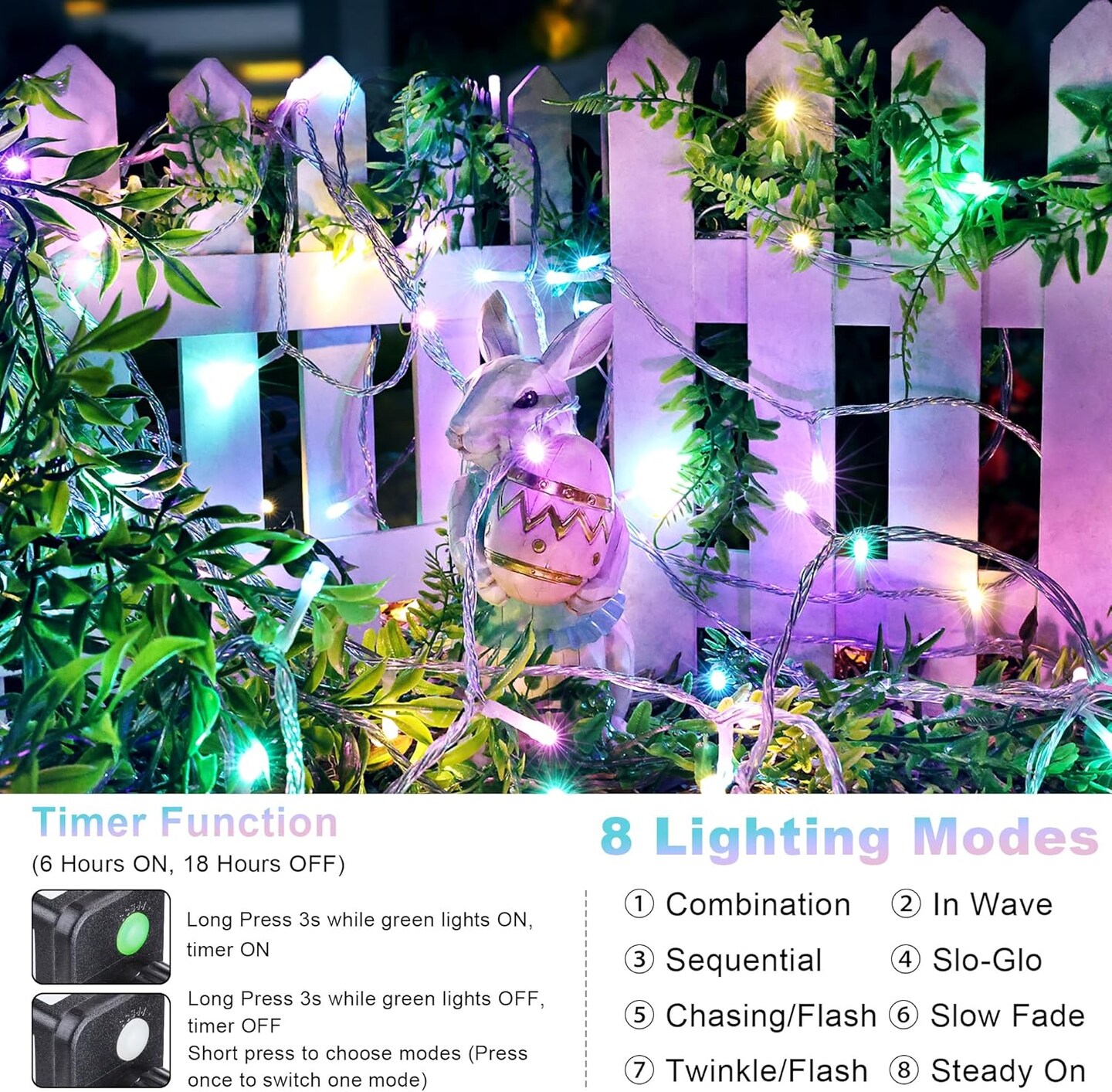 Easter String Lights 75FT 200 LED String Lights with 8 Modes Timer Connectable Waterproof Plug-in Indoor Outdoor Pastel Easter Lights for Easter Decorations