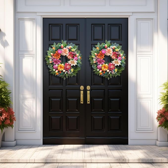 Spring Wreath 24 Inch Spring Wreaths for Front Door with Dahlia and Greenery Wreath, Spring Door Wreath for All Seasons,Spring and Summer Wreaths for Front Door Outside or Indoor